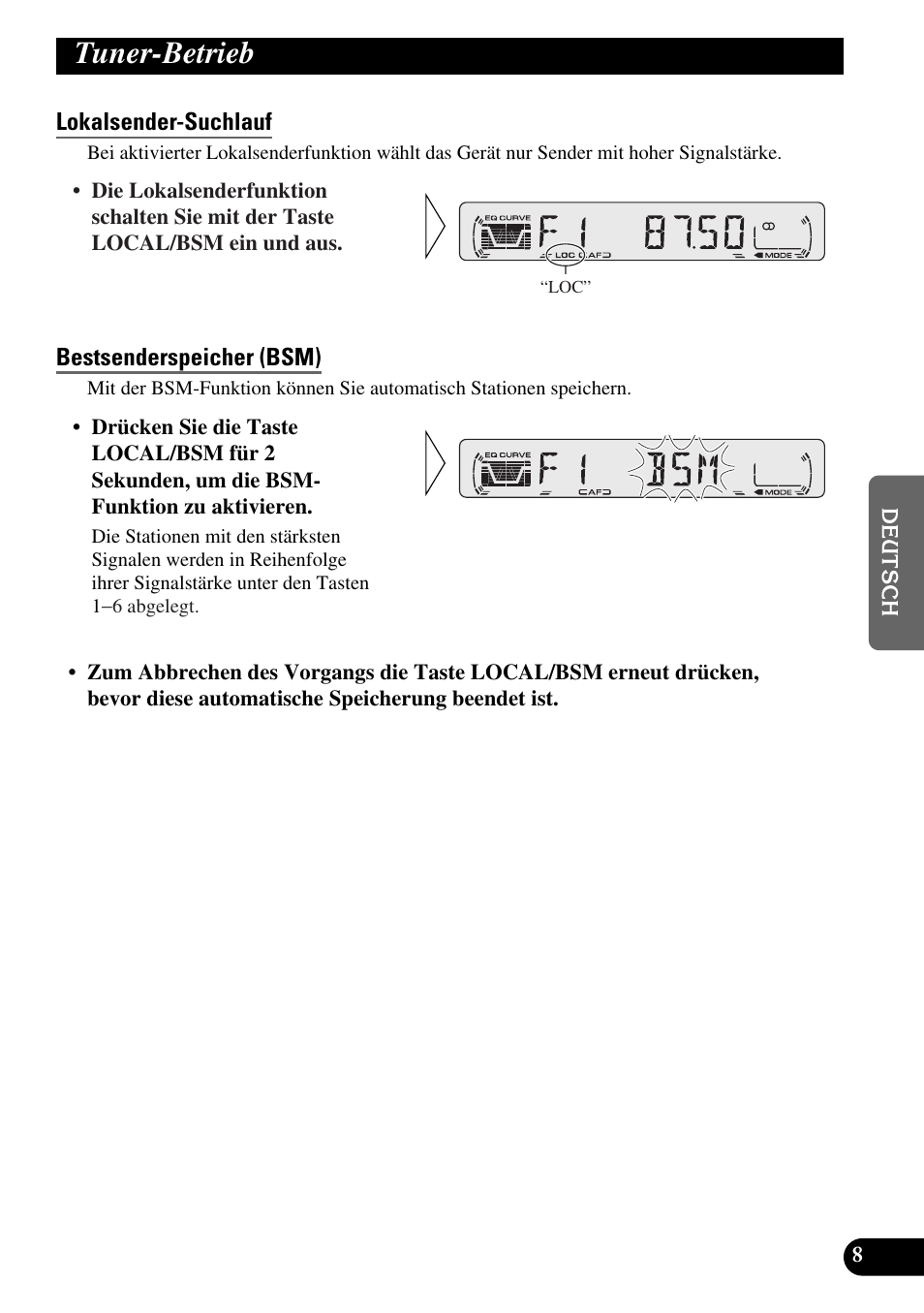 Tuner-betrieb, Lokalsender-suchlauf, Bestsenderspeicher (bsm) | Pioneer DEH-2330R User Manual | Page 65 / 86