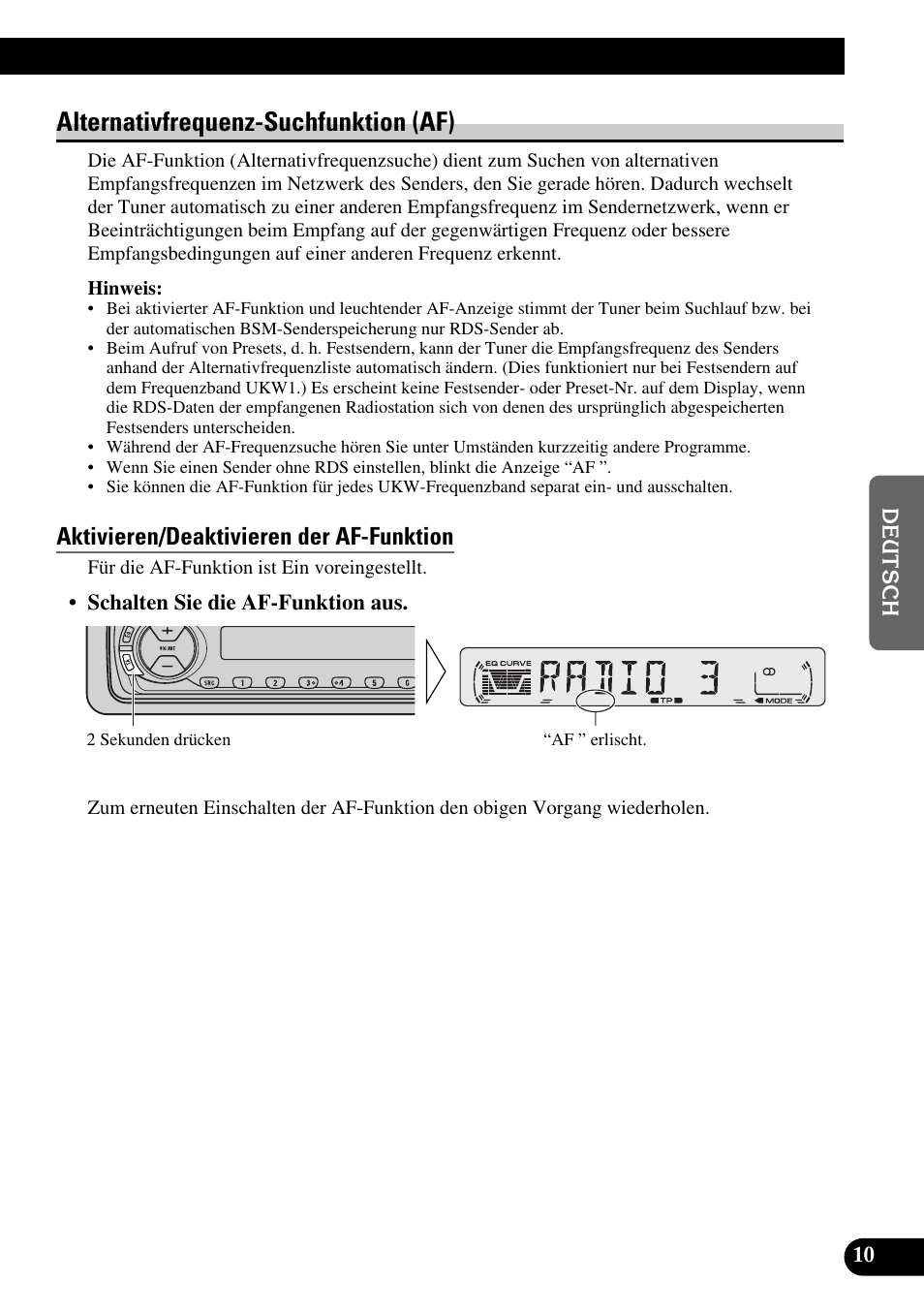 Alternativfrequenz-suchfunktion (af), Aktivieren/deaktivieren der af-funktion | Pioneer DEH-2330R User Manual | Page 67 / 86