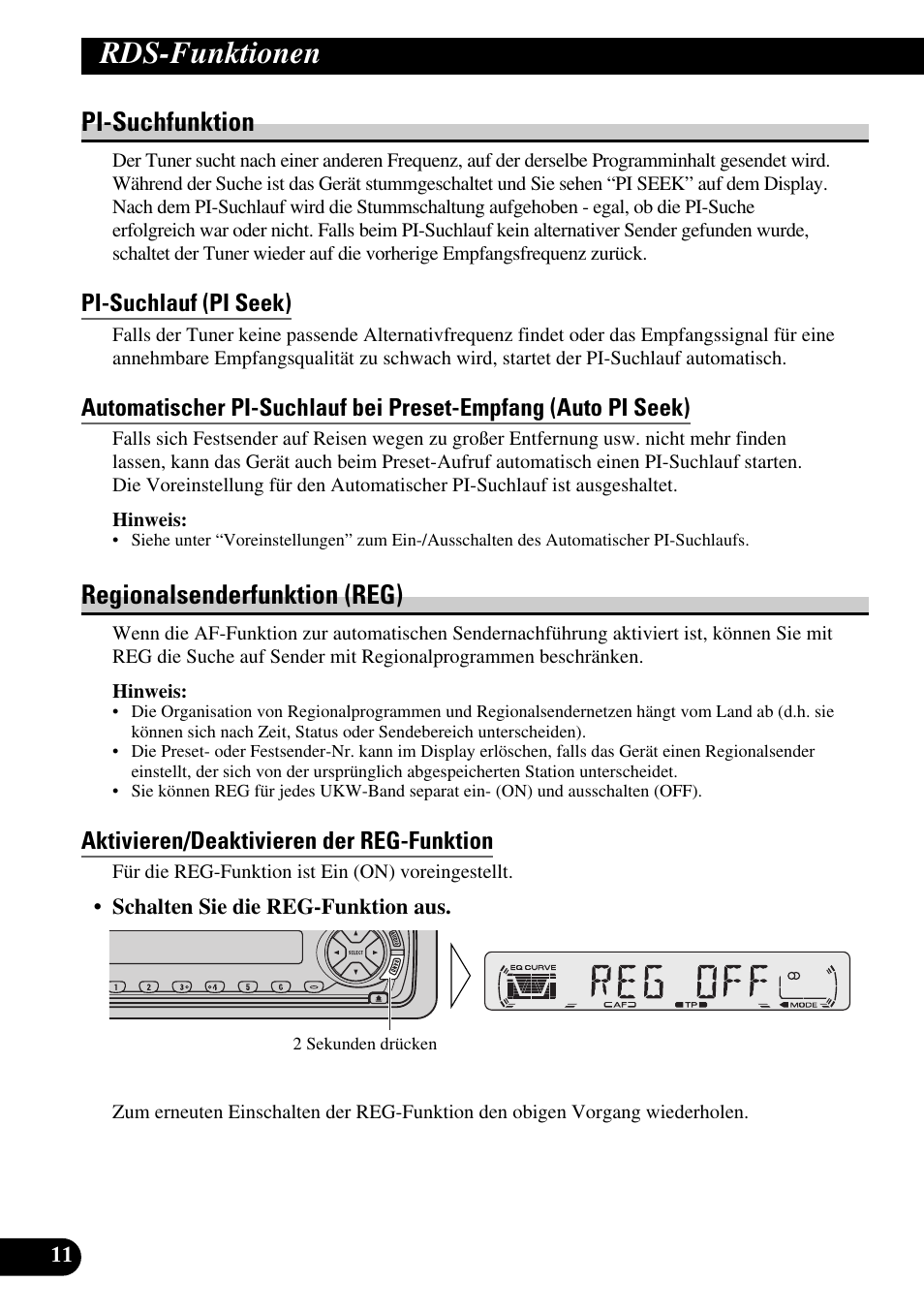 Pi-suchfunktion, Pi-suchlauf (pi seek), Regionalsenderfunktion (reg) | Aktivieren/deaktivieren der reg-funktion, Rds-funktionen | Pioneer DEH-2330R User Manual | Page 68 / 86