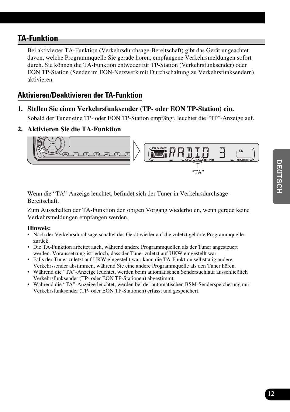 Ta-funktion, Aktivieren/deaktivieren der ta-funktion | Pioneer DEH-2330R User Manual | Page 69 / 86