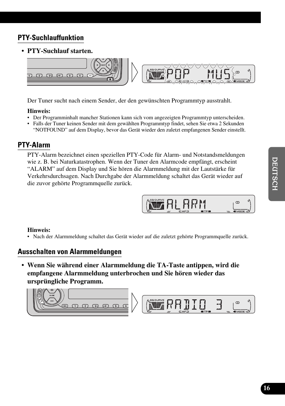 Pty-suchlauffunktion, Pty-alarm, Ausschalten von alarmmeldungen | Pioneer DEH-2330R User Manual | Page 73 / 86