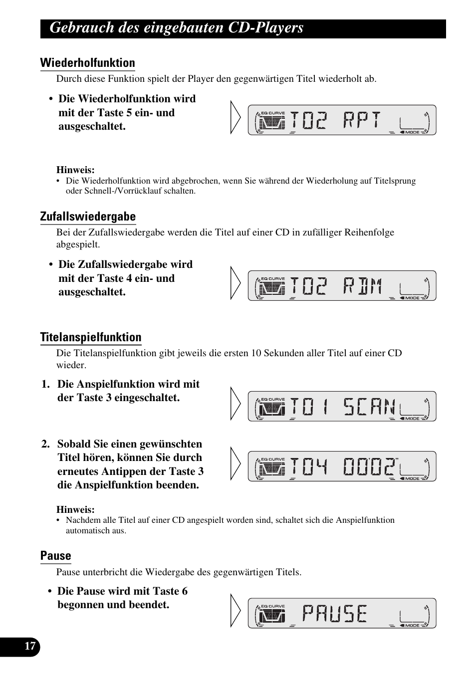 Gebrauch des eingebauten, Cd-players, Wiederholfunktion | Zufallswiedergabe, Titelanspielfunktion, Pause, Gebrauch des eingebauten cd-players | Pioneer DEH-2330R User Manual | Page 74 / 86