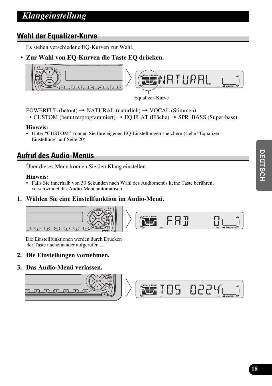 Klangeinstellung, Wahl der equalizer-kurve aufruf des audio-menüs, Wahl der equalizer-kurve | Aufruf des audio-menüs | Pioneer DEH-2330R User Manual | Page 75 / 86