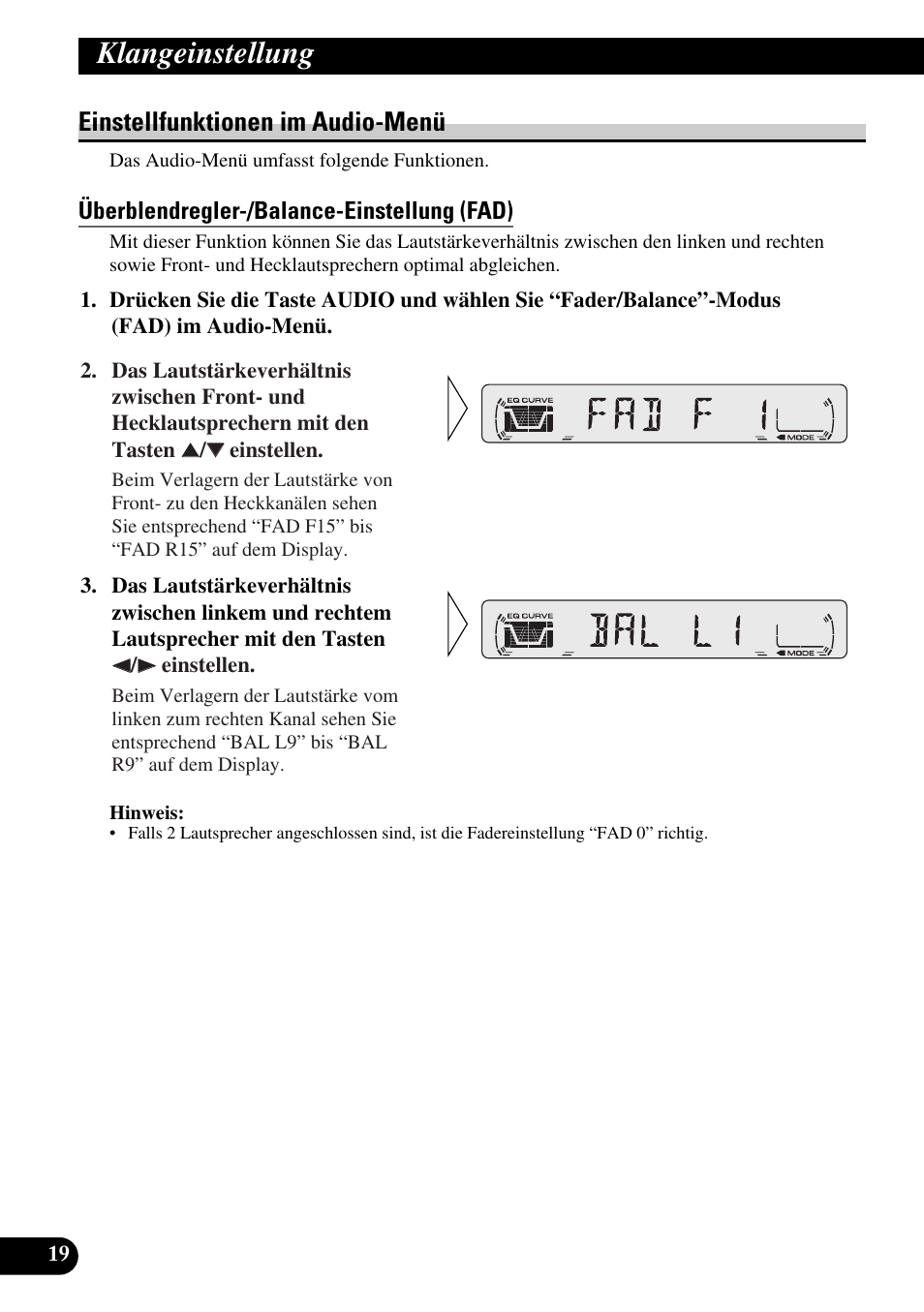 Einstellfunktionen im audio-menü, Überblendregler-/balance- einstellung (fad), Klangeinstellung | Pioneer DEH-2330R User Manual | Page 76 / 86