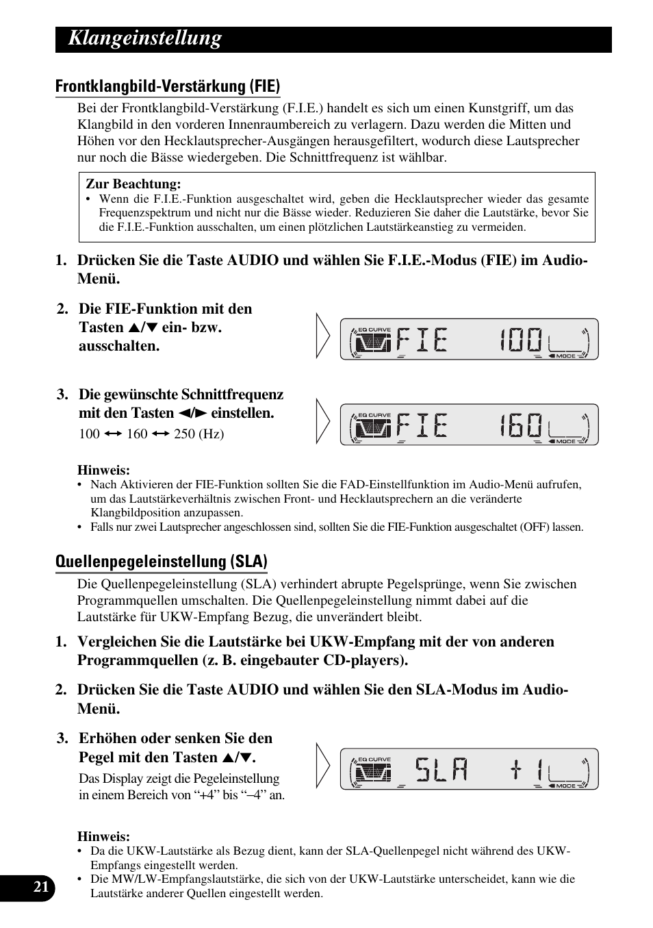 Frontklangbild-verstärkung (fie), Quellenpegeleinstellung (sla), Klangeinstellung | Pioneer DEH-2330R User Manual | Page 78 / 86