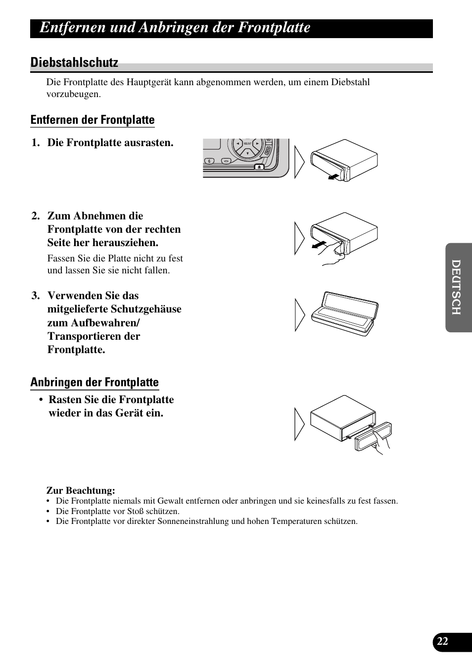 Entfernen und anbringen der, Frontplatte, Diebstahlschutz | Entfernen der frontplatte, Anbringen der frontplatte, Entfernen und anbringen der frontplatte | Pioneer DEH-2330R User Manual | Page 79 / 86