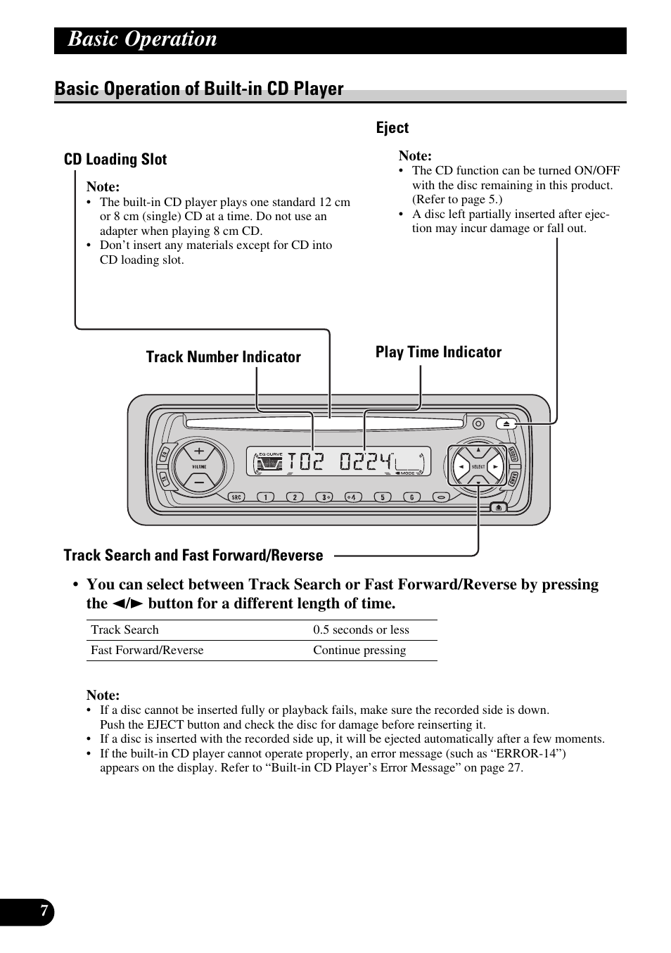 Basic operation of built-in cd player, Cd loading slot, Eject | Track search and fast forward/reverse, Basic operation | Pioneer DEH-2330R User Manual | Page 8 / 86