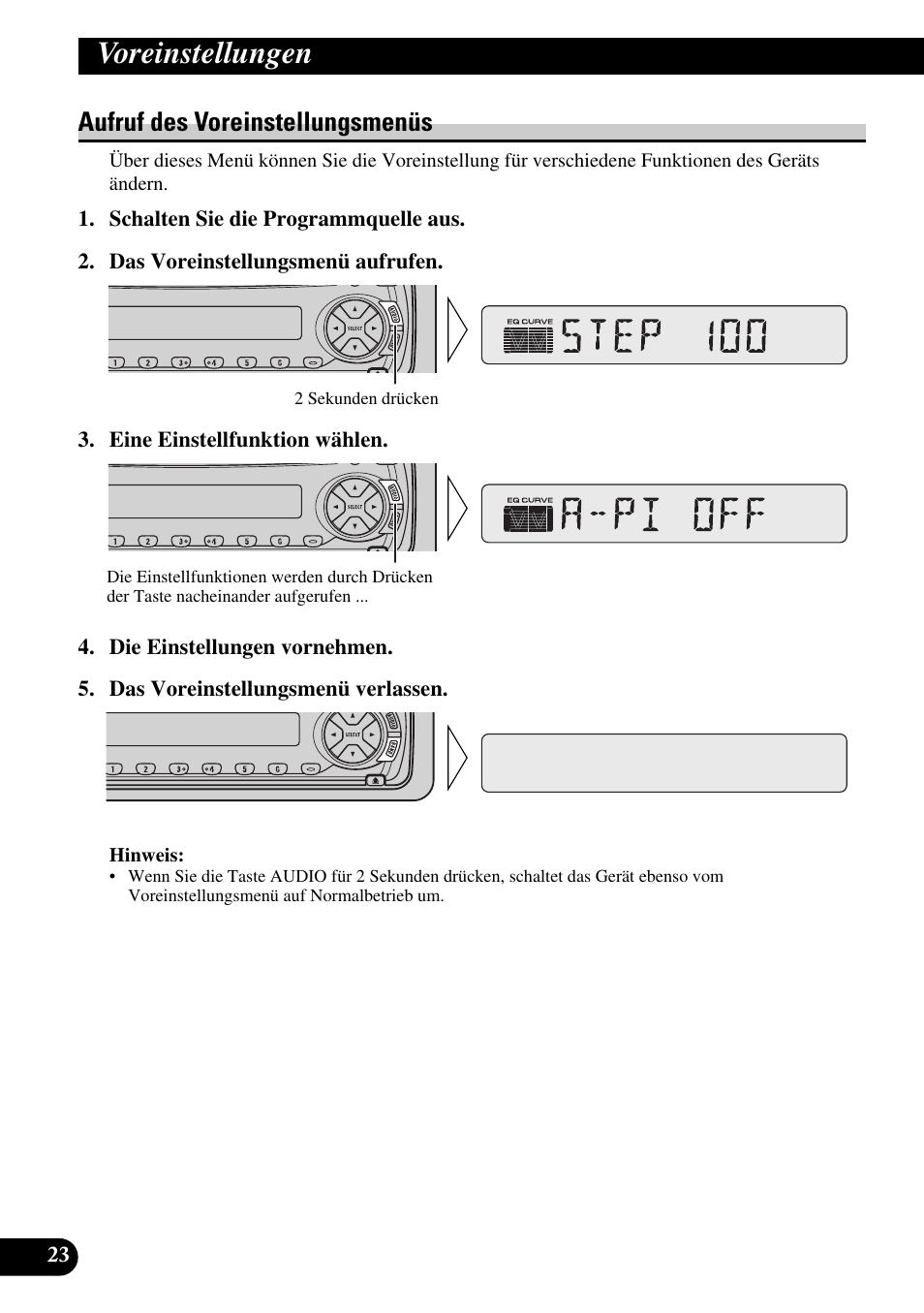 Voreinstellungen, Aufruf des voreinstellungsmenüs | Pioneer DEH-2330R User Manual | Page 80 / 86