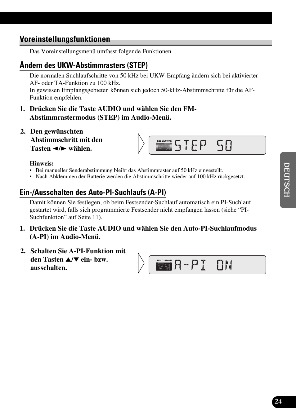 Voreinstellungsfunktionen, Ändern des ukw-abstimmrasters (step), Ein-/ausschalten des auto-pi-suchlaufs (a-pi) | Pioneer DEH-2330R User Manual | Page 81 / 86