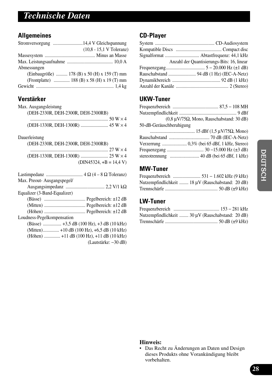 Technische daten | Pioneer DEH-2330R User Manual | Page 85 / 86