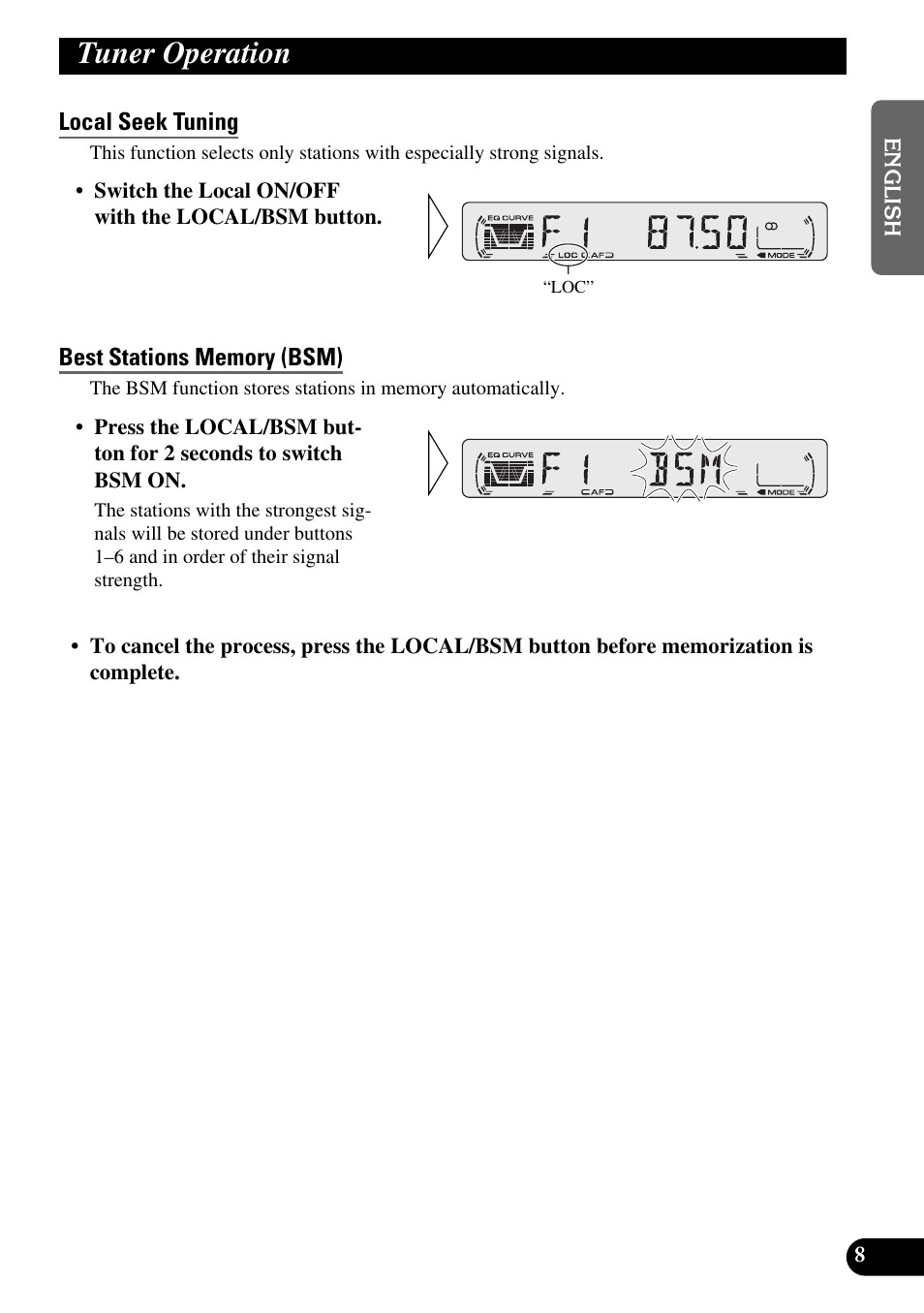Tuner operation, Local seek tuning, Best stations memory (bsm) | Pioneer DEH-2330R User Manual | Page 9 / 86