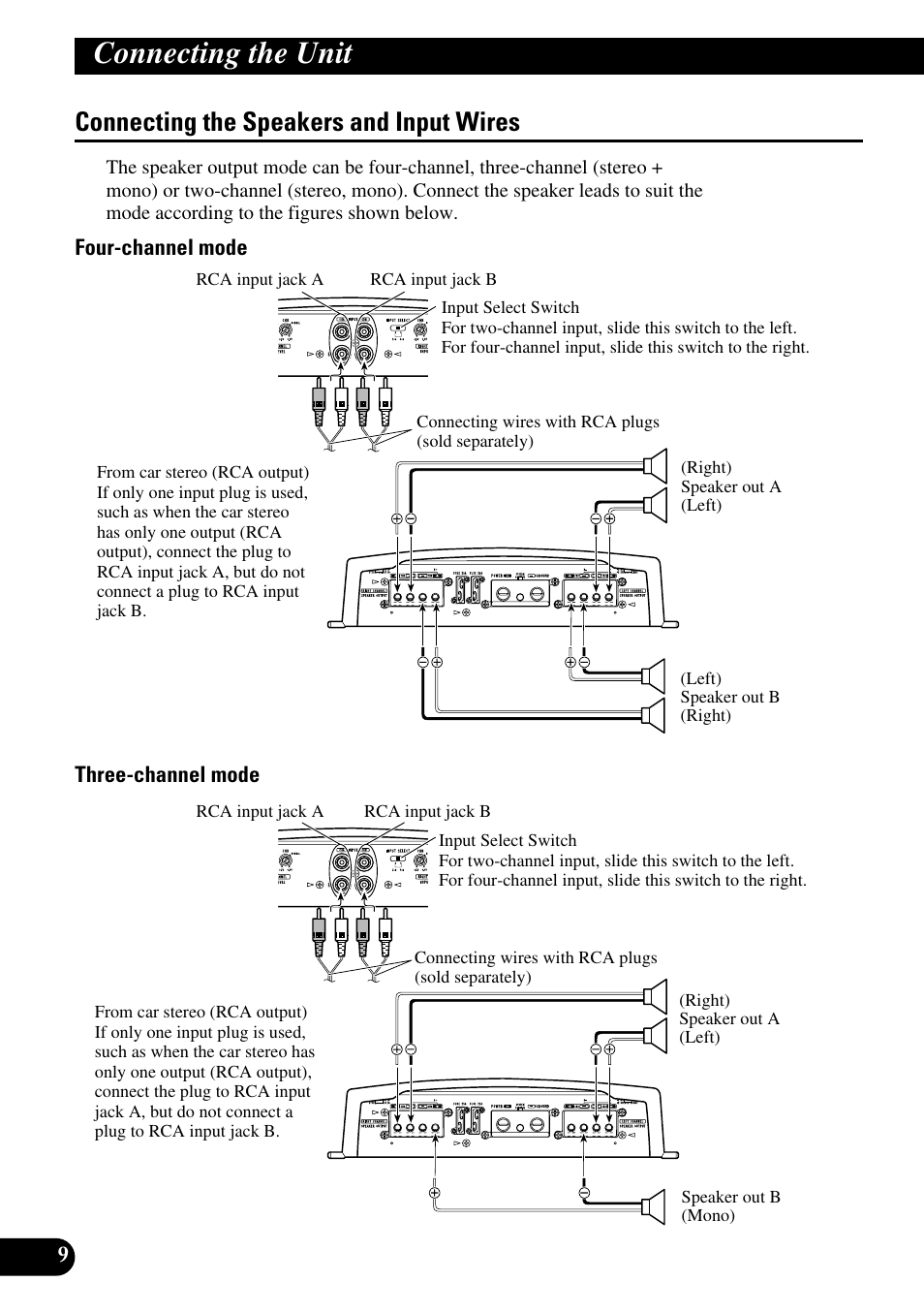 Connecting the speakers and input wires, Connecting the unit | Pioneer PRS-A900 User Manual | Page 10 / 100