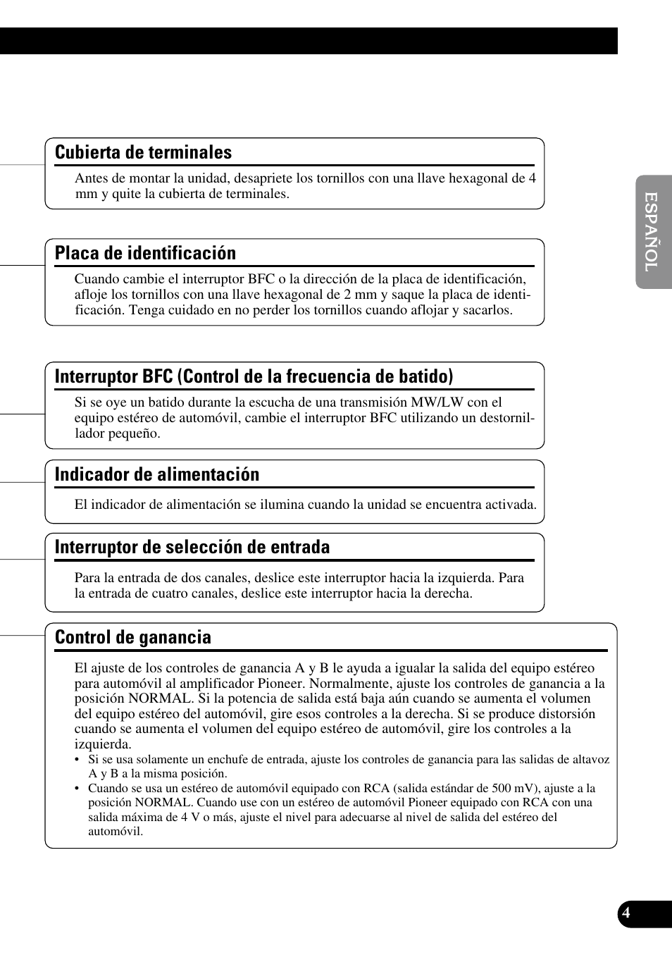 De batido), Control de ganancia, Indicador de alimentación | Cubierta de terminales, Interruptor de selección de entrada, Placa de identificación | Pioneer PRS-A900 User Manual | Page 19 / 100