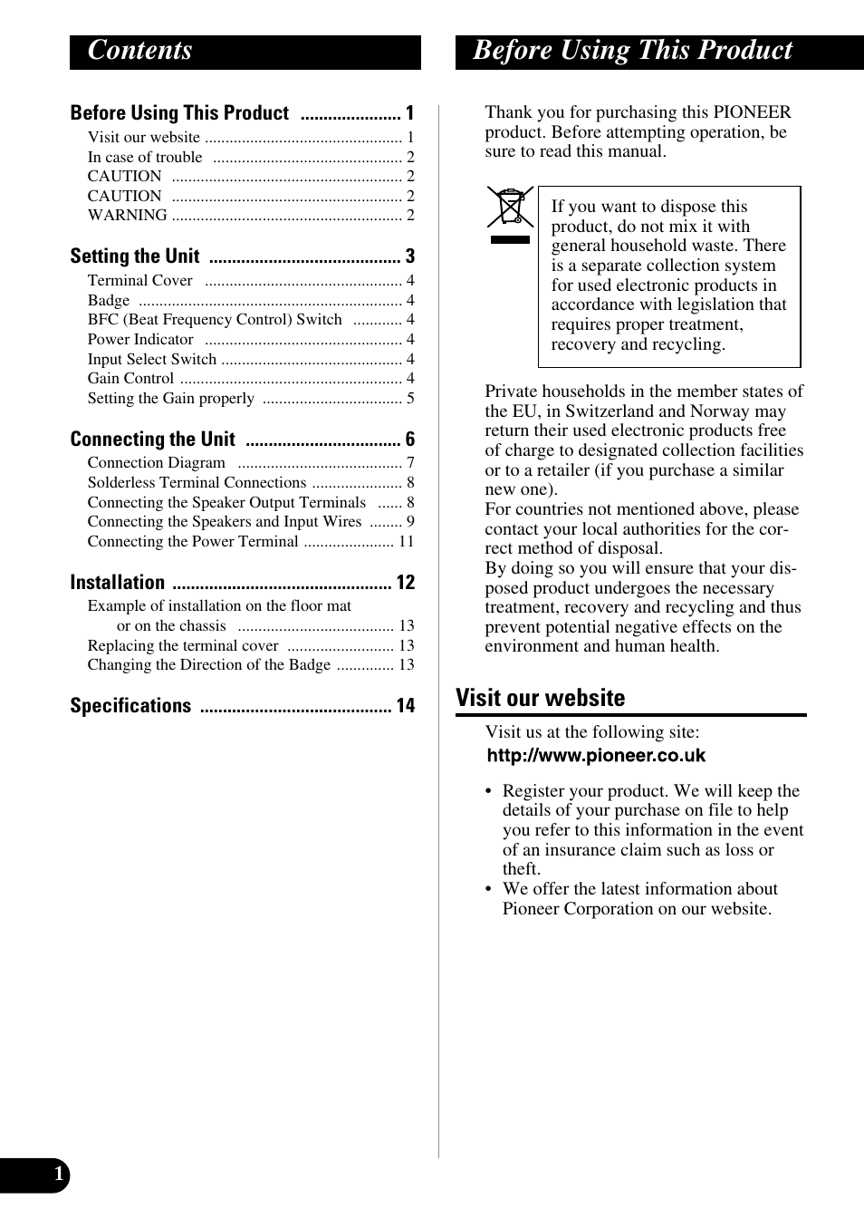 English, Contents before using this product, Visit our website | Pioneer PRS-A900 User Manual | Page 2 / 100