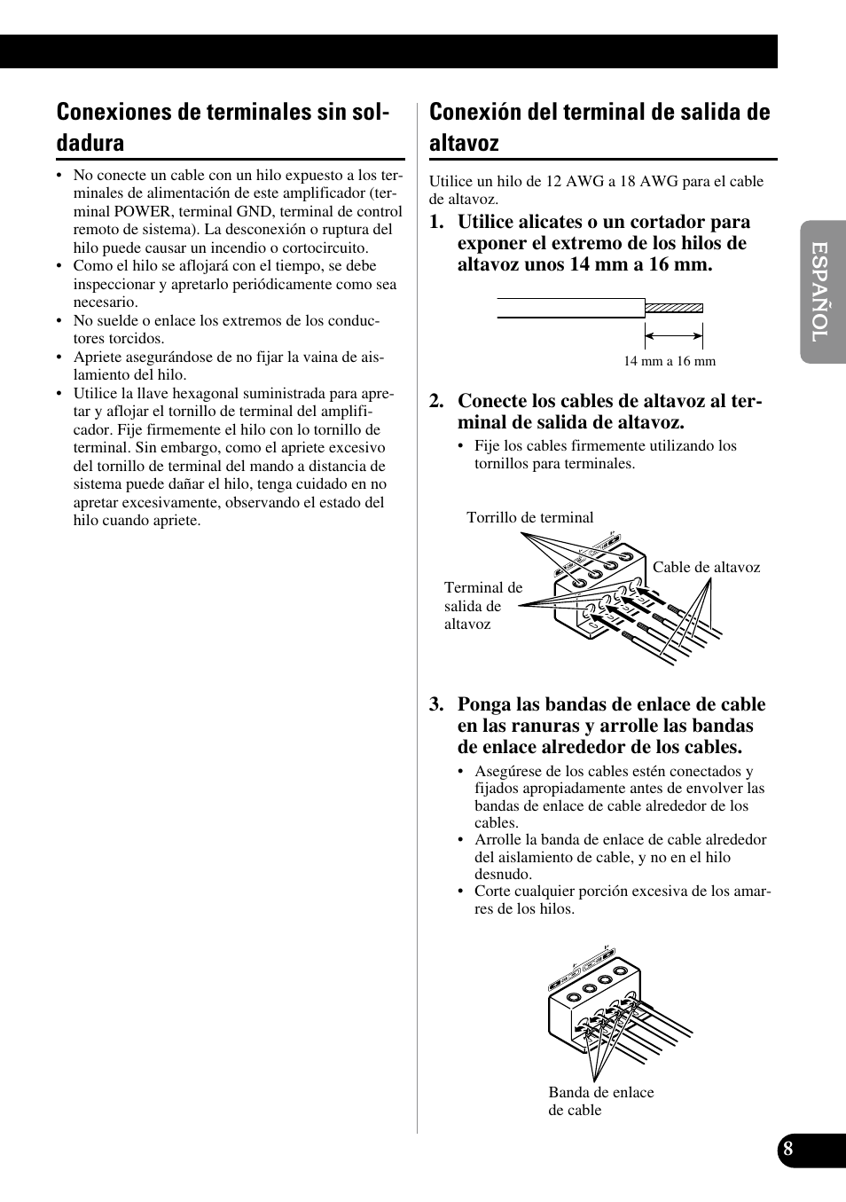 Conexiones de terminales sin sol- dadura, Conexión del terminal de salida de altavoz | Pioneer PRS-A900 User Manual | Page 23 / 100