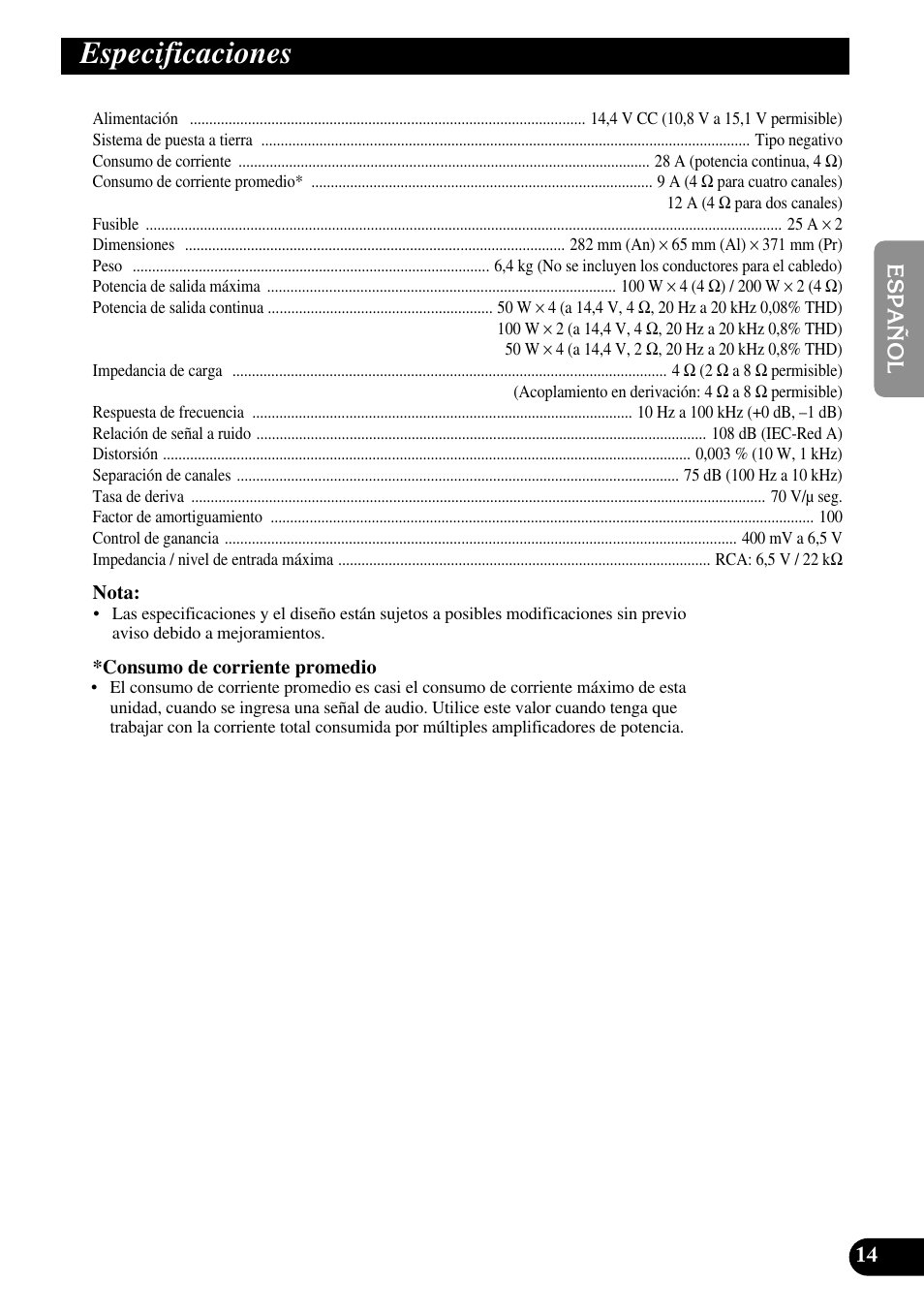 Especificaciones | Pioneer PRS-A900 User Manual | Page 29 / 100