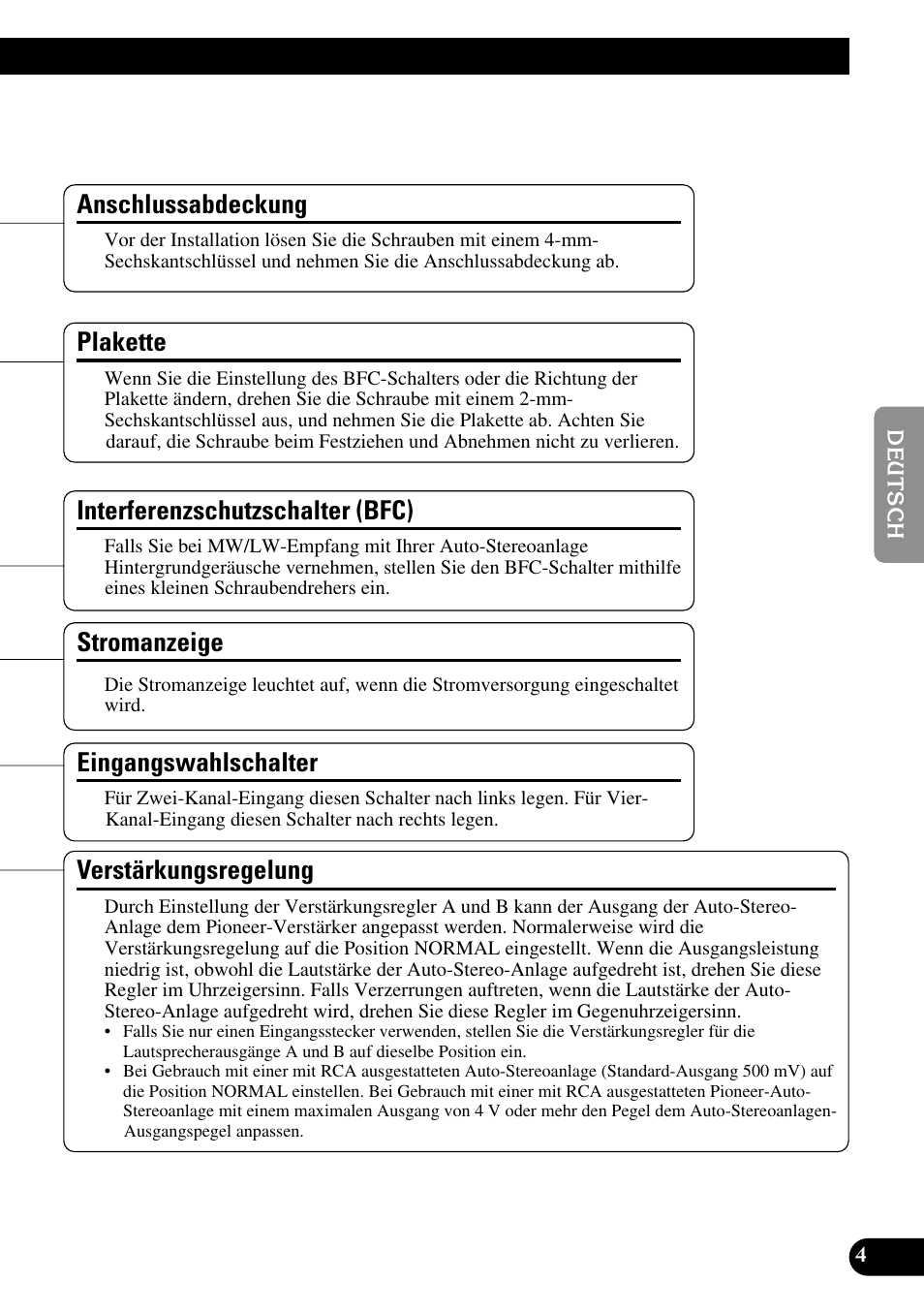 Stromanzeige, Eingangswahlschalter, Plakette | Verstärkungsregelung, Anschlussabdeckung, Interferenzschutzschalter (bfc) | Pioneer PRS-A900 User Manual | Page 33 / 100