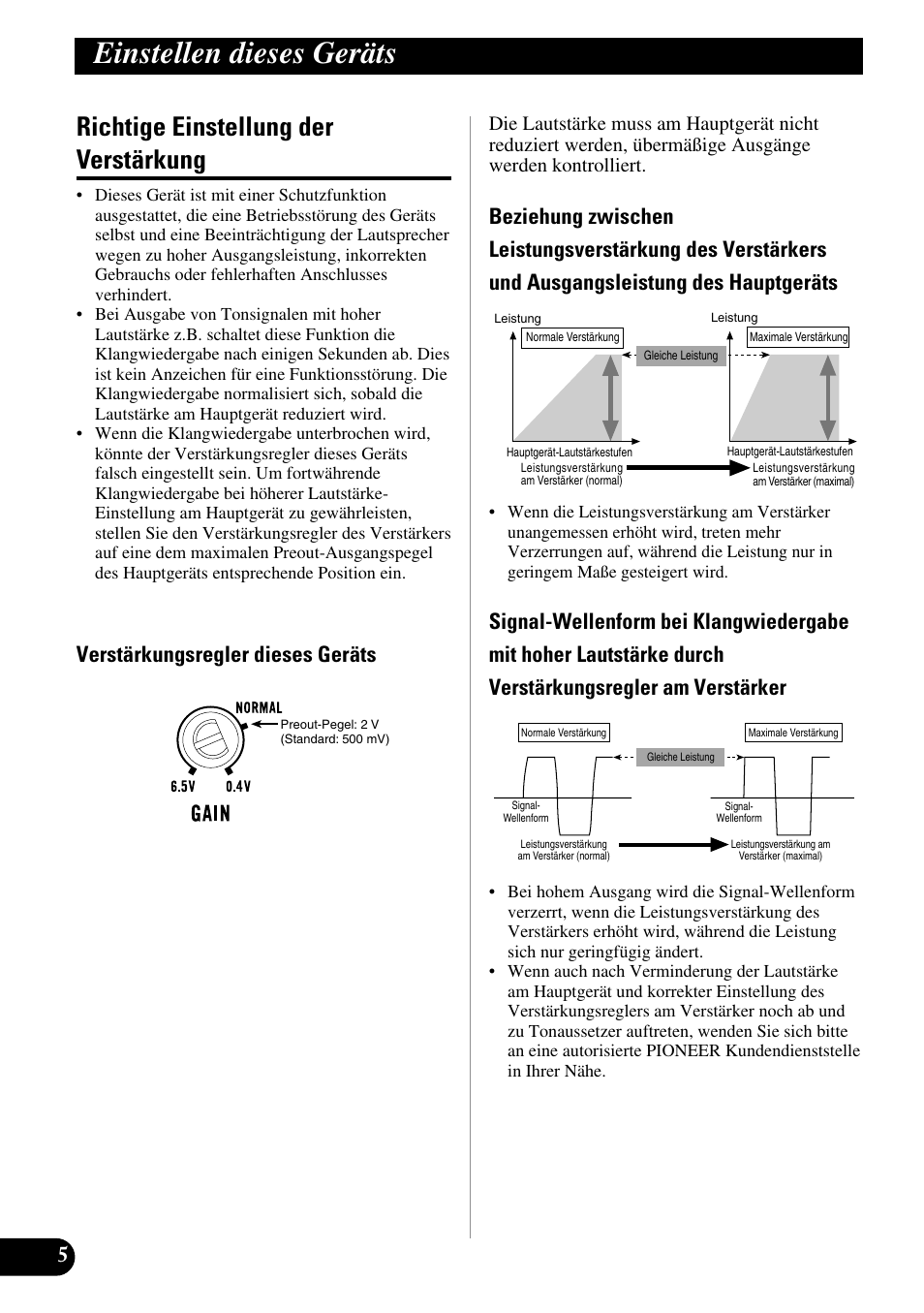 Richtige einstellung der verstärkung, Einstellen dieses geräts, Verstärkungsregler dieses geräts | Pioneer PRS-A900 User Manual | Page 34 / 100