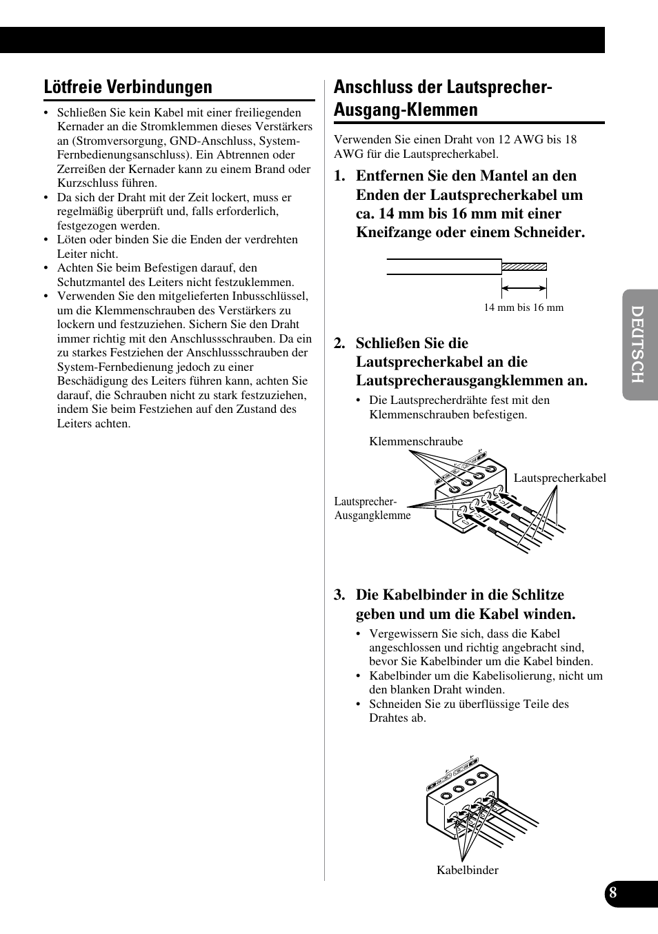 Lötfreie verbindungen anschluss der, Lautsprecher-ausgang-klemmen, Lötfreie verbindungen | Anschluss der lautsprecher- ausgang-klemmen | Pioneer PRS-A900 User Manual | Page 37 / 100