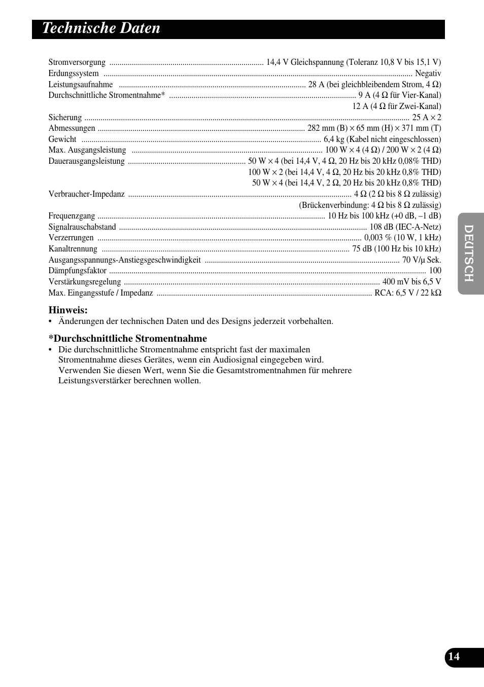 Technische daten | Pioneer PRS-A900 User Manual | Page 43 / 100