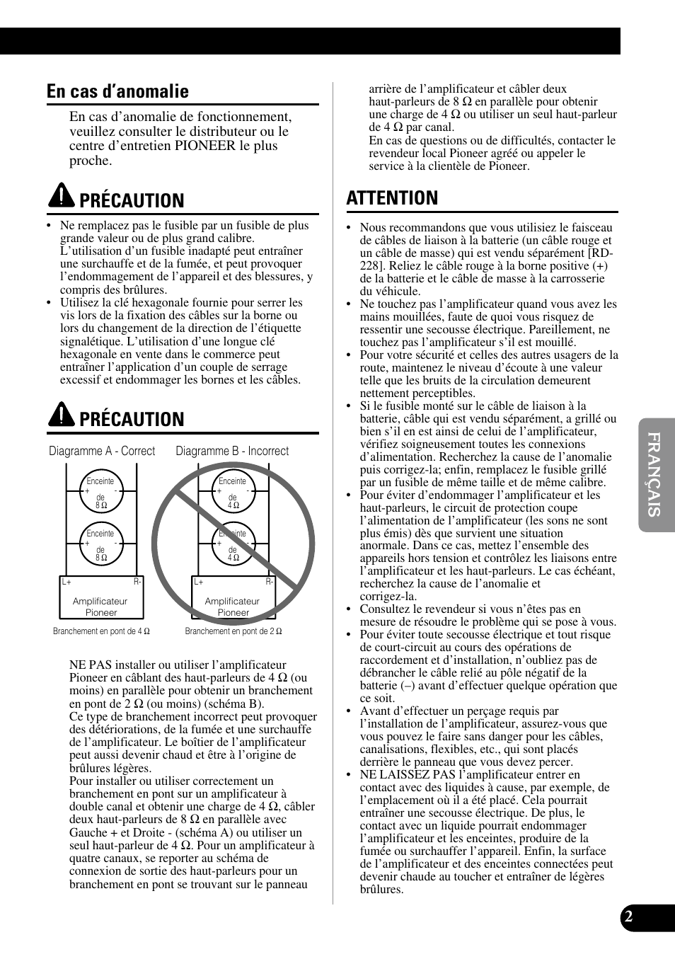 En cas d’anomalie précaution précaution attention, En cas d’anomalie, Précaution | Attention | Pioneer PRS-A900 User Manual | Page 45 / 100