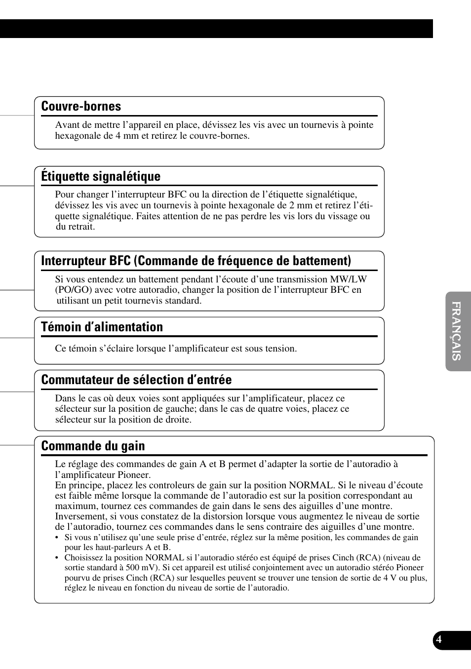 Battement), Commande du gain, Témoin d’alimentation | Étiquette signalétique, Commutateur de sélection d’entrée, Couvre-bornes | Pioneer PRS-A900 User Manual | Page 47 / 100