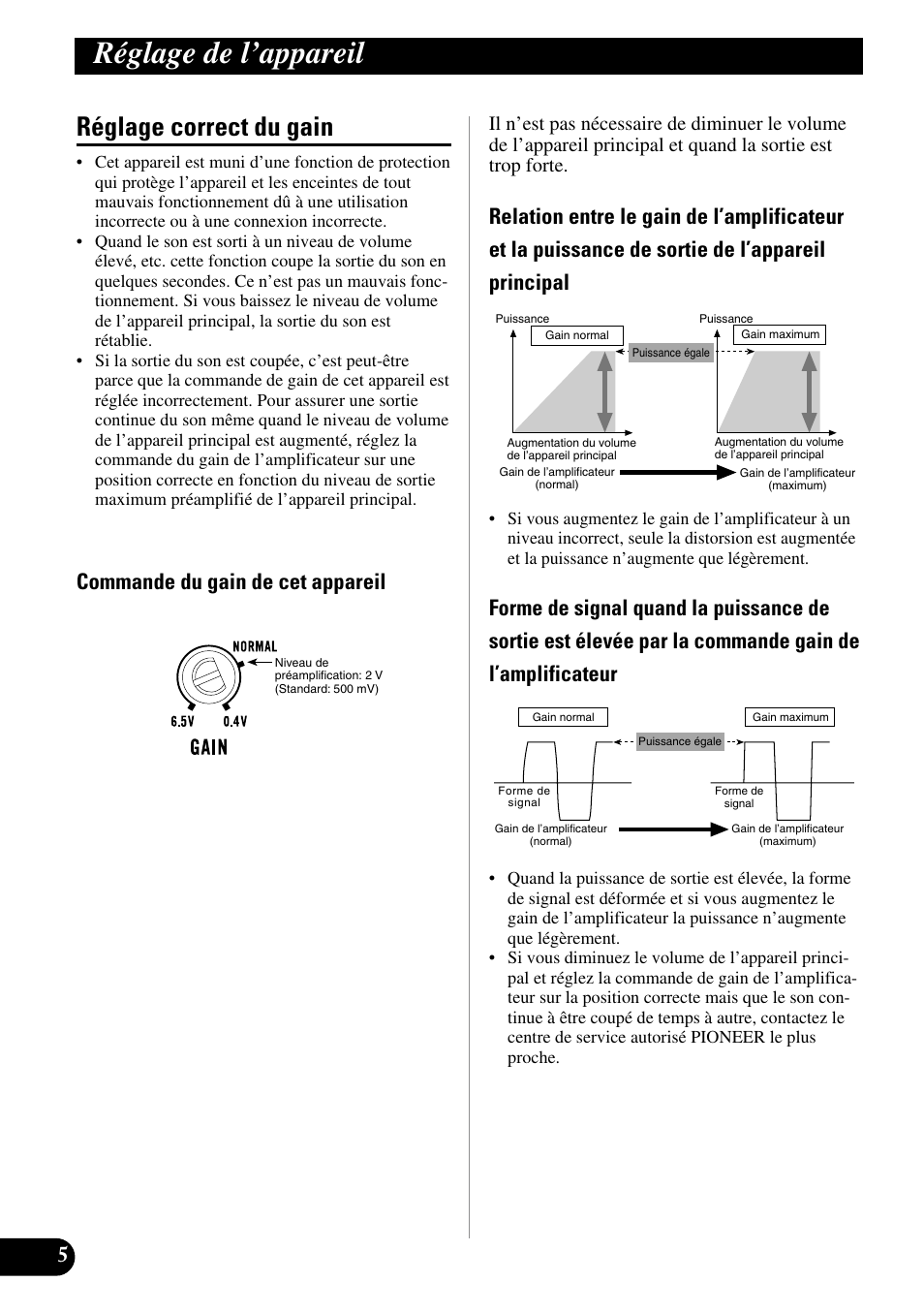 Réglage correct du gain, Réglage de l’appareil, Commande du gain de cet appareil | Pioneer PRS-A900 User Manual | Page 48 / 100