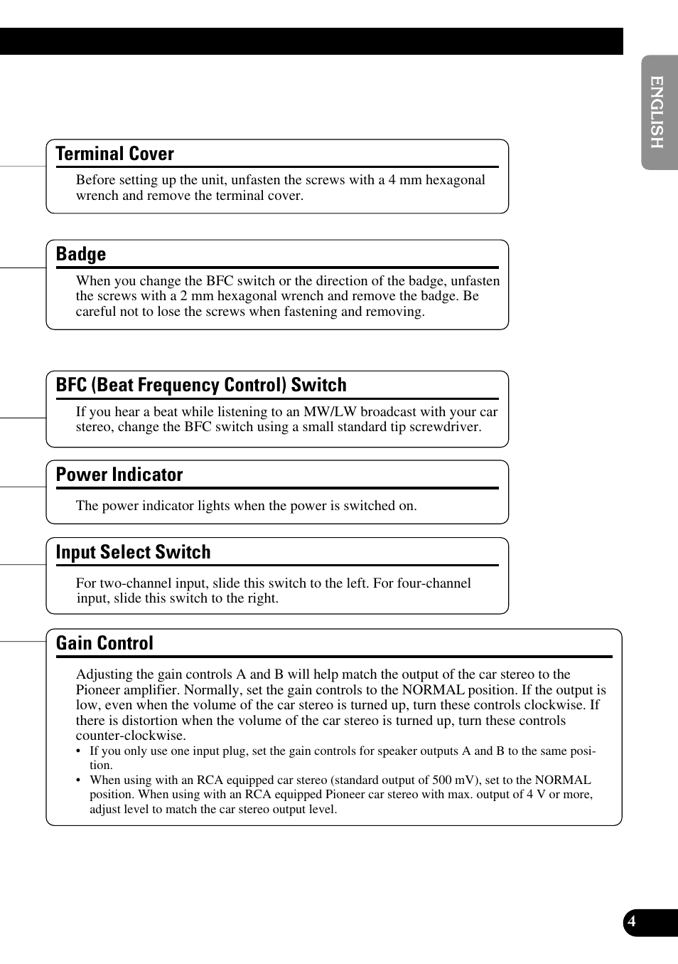 Badge, Gain control, Power indicator | Input select switch, Terminal cover, Bfc (beat frequency control) switch | Pioneer PRS-A900 User Manual | Page 5 / 100