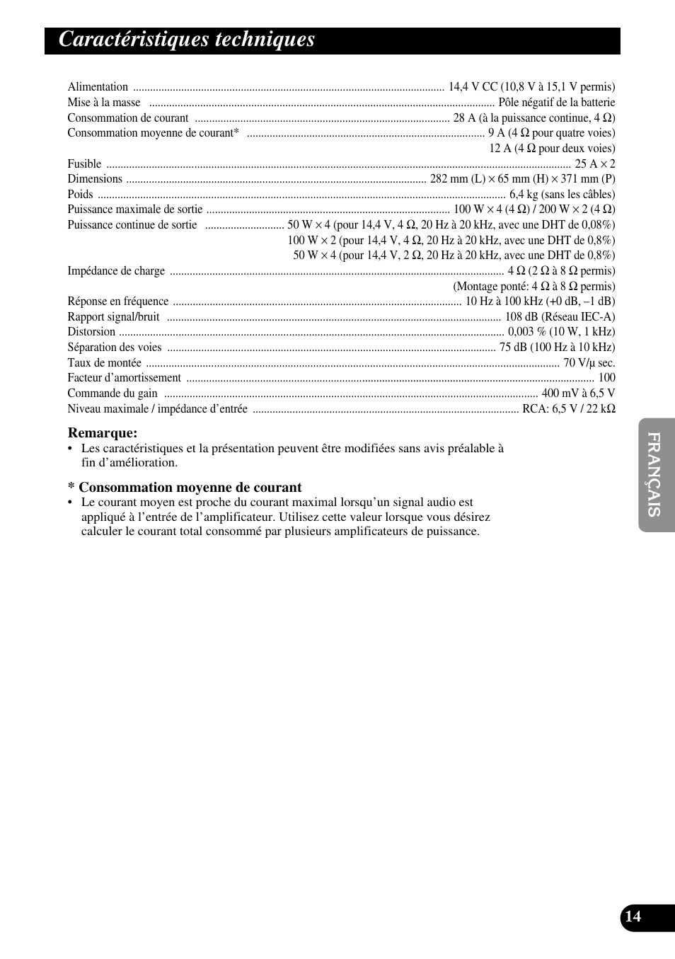 Caractéristiques techniques | Pioneer PRS-A900 User Manual | Page 57 / 100