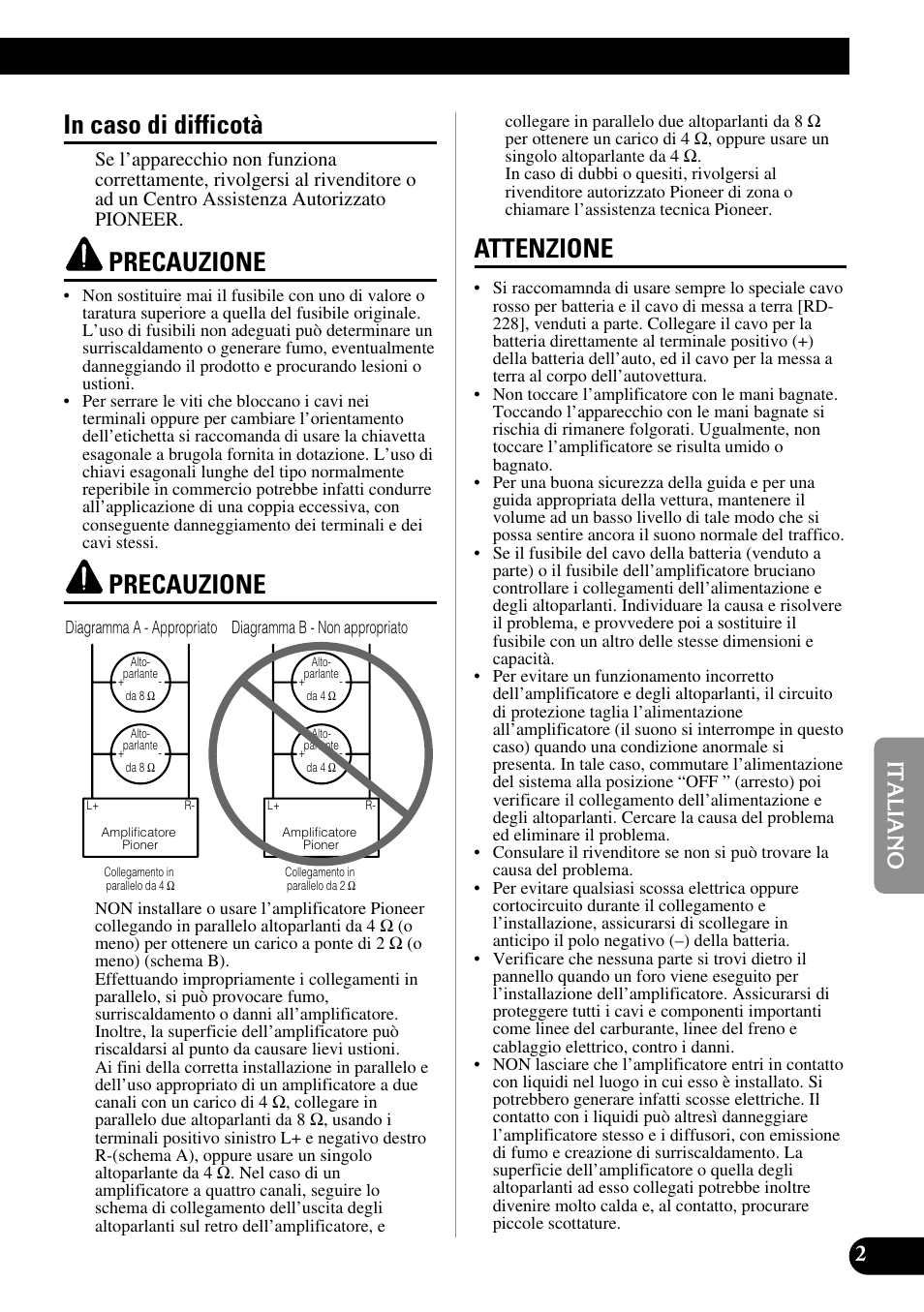 Precauzione, Attenzione | Pioneer PRS-A900 User Manual | Page 59 / 100