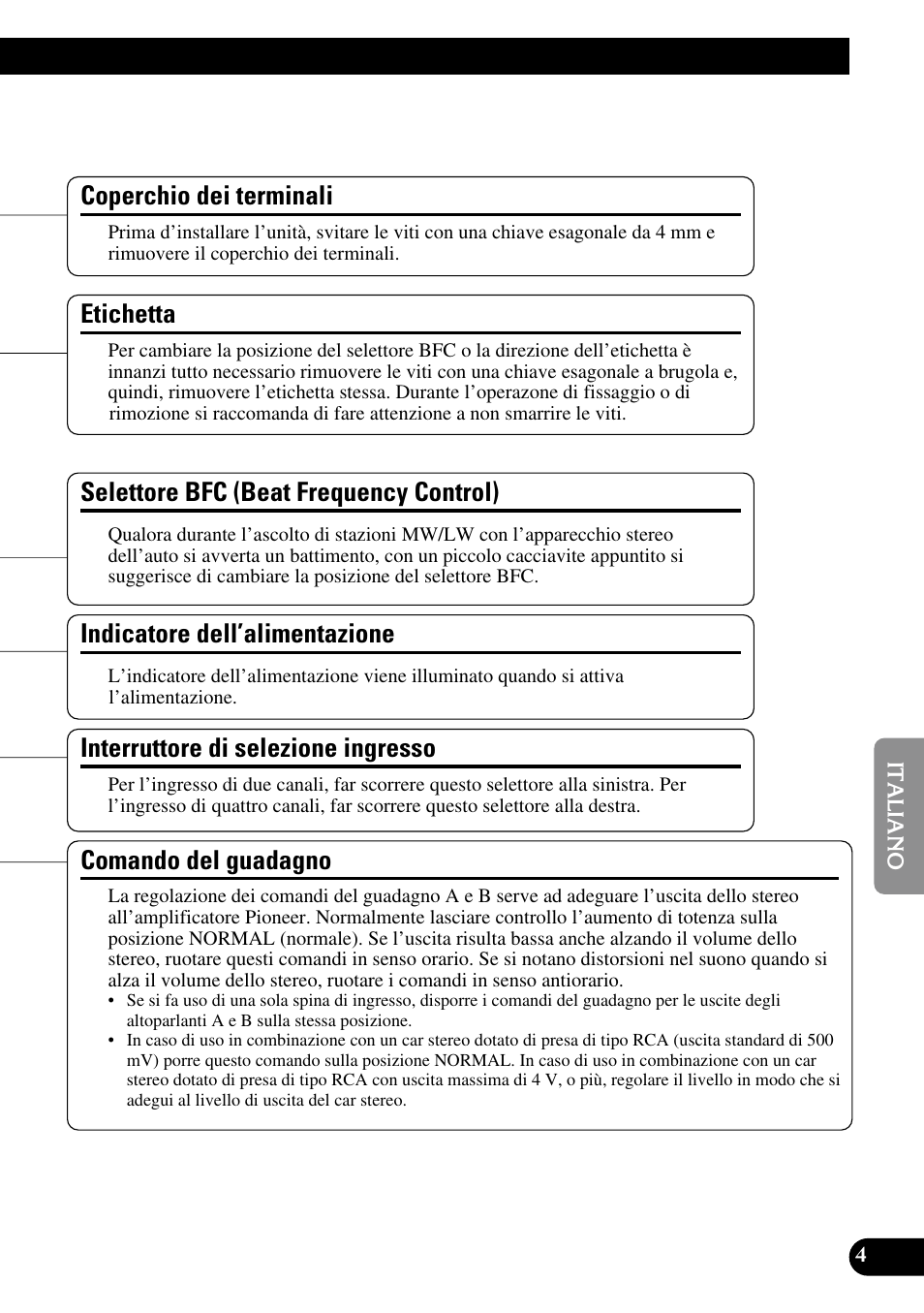 Comando del guadagno, Indicatore dell’alimentazione, Coperchio dei terminali | Interruttore di selezione ingresso, Etichetta, Selettore bfc (beat frequency control) | Pioneer PRS-A900 User Manual | Page 61 / 100