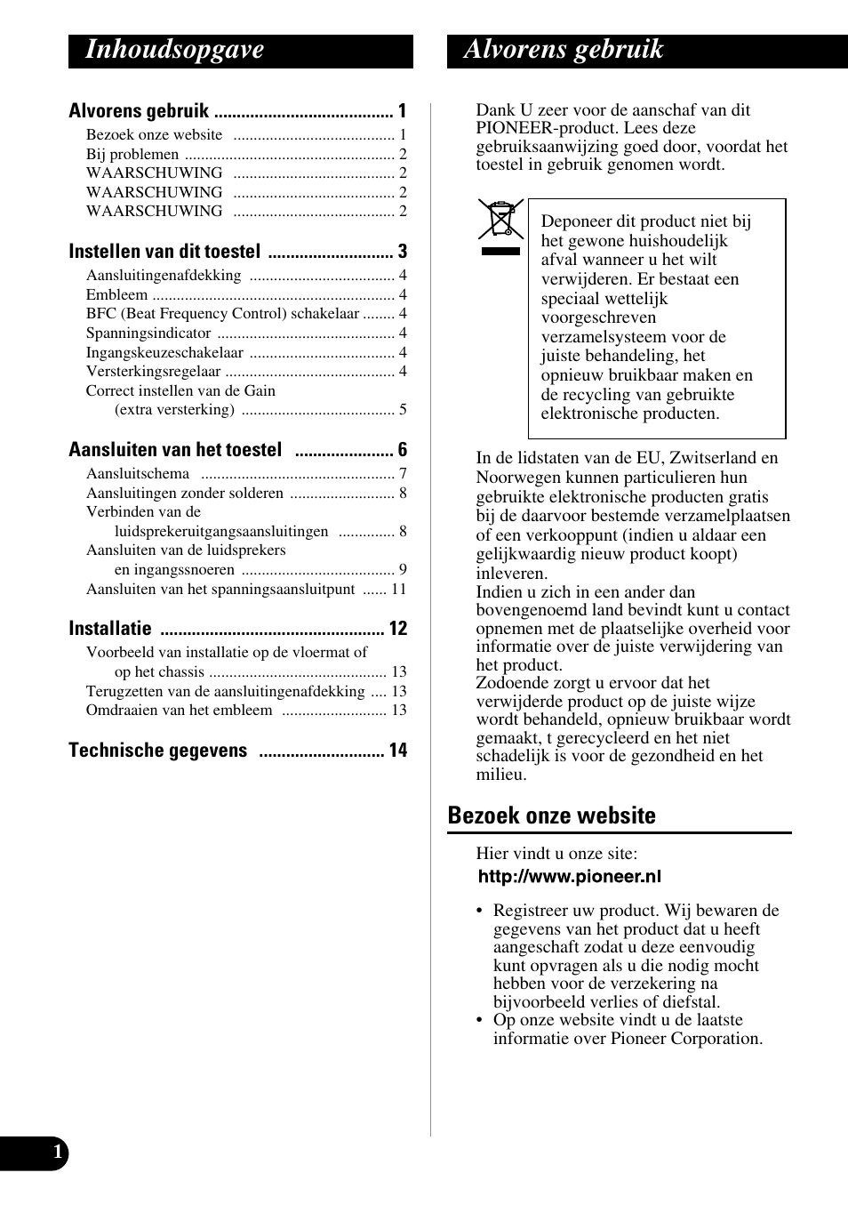 Nederlands, Inhoudsopgave alvorens gebruik, Bezoek onze website | Pioneer PRS-A900 User Manual | Page 72 / 100