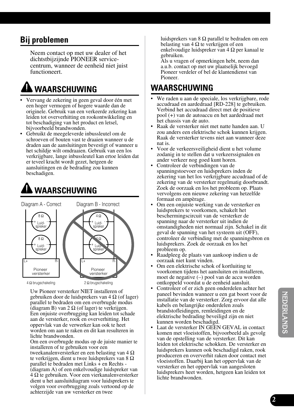 Bij problemen, Waarschuwing | Pioneer PRS-A900 User Manual | Page 73 / 100