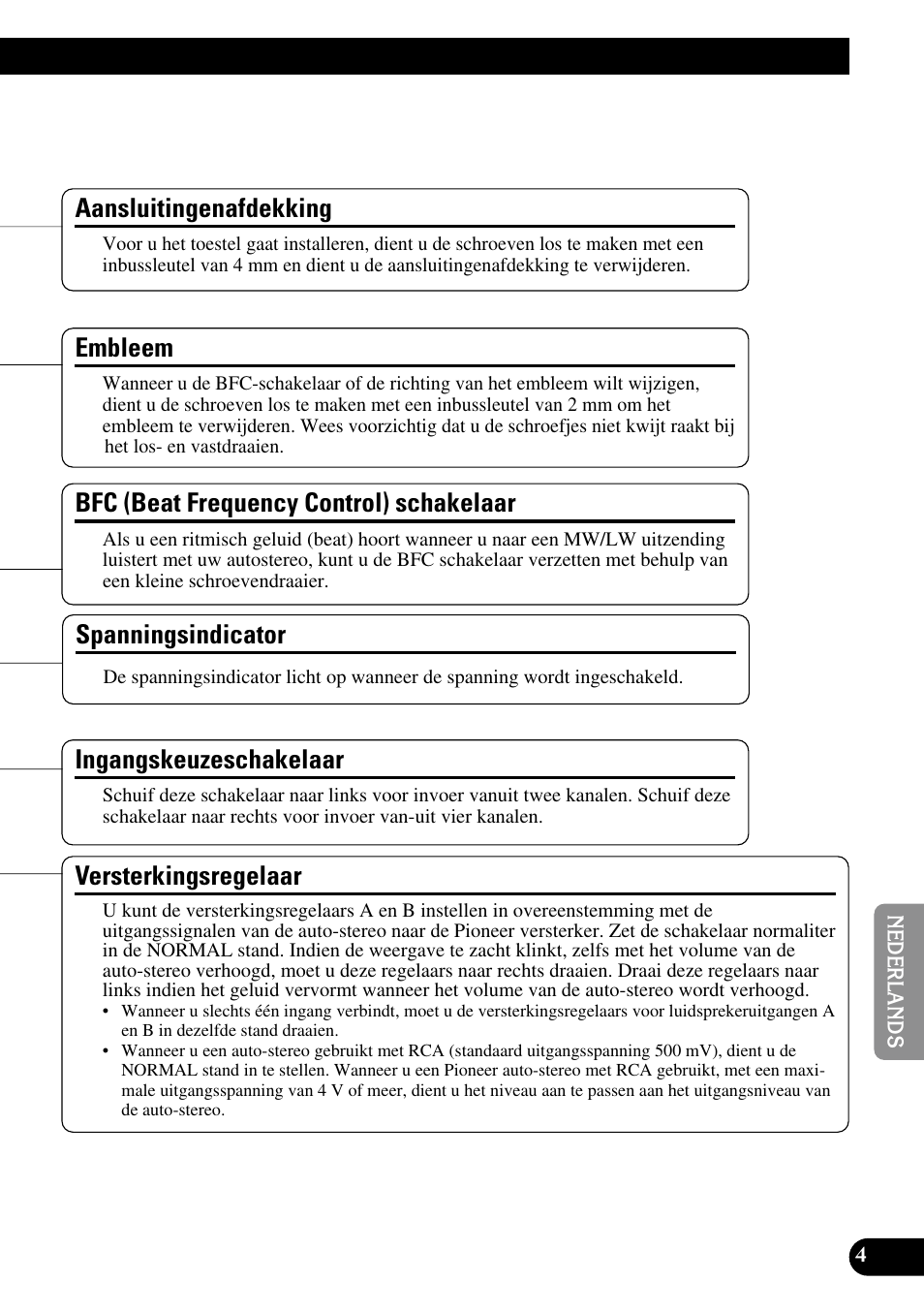 Versterkingsregelaar, Spanningsindicator, Bfc (beat frequency control) schakelaar | Ingangskeuzeschakelaar, Aansluitingenafdekking, Embleem | Pioneer PRS-A900 User Manual | Page 75 / 100