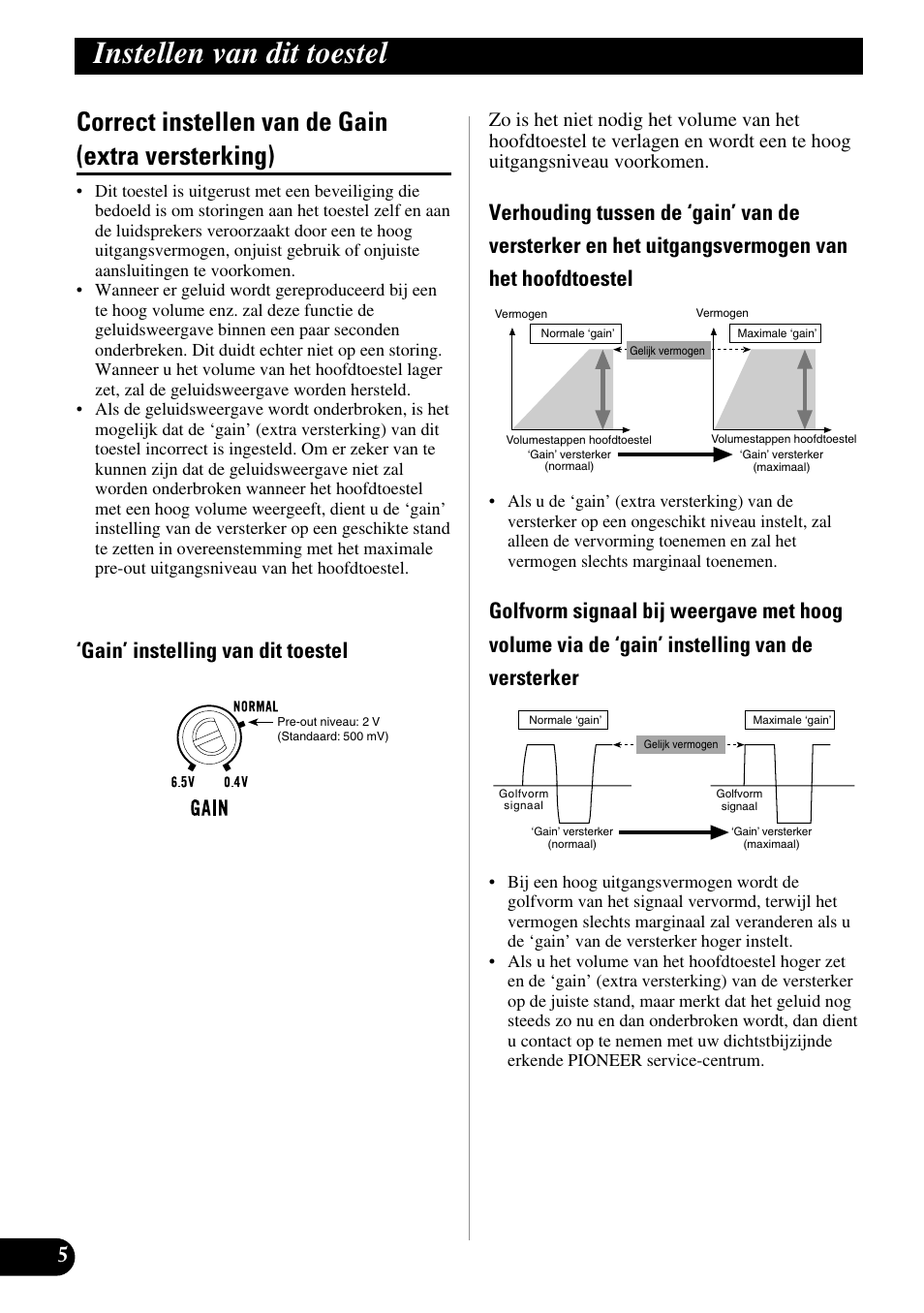 Correct instellen van de gain, Extra versterking), Instellen van dit toestel | Correct instellen van de gain (extra versterking), Gain’ instelling van dit toestel | Pioneer PRS-A900 User Manual | Page 76 / 100