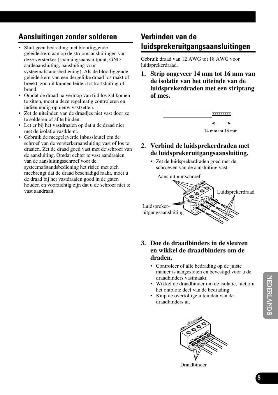 Aansluitingen zonder solderen verbinden van de, Luidsprekeruitgangsaansluitingen, Aansluitingen zonder solderen | Verbinden van de luidsprekeruitgangsaansluitingen | Pioneer PRS-A900 User Manual | Page 79 / 100