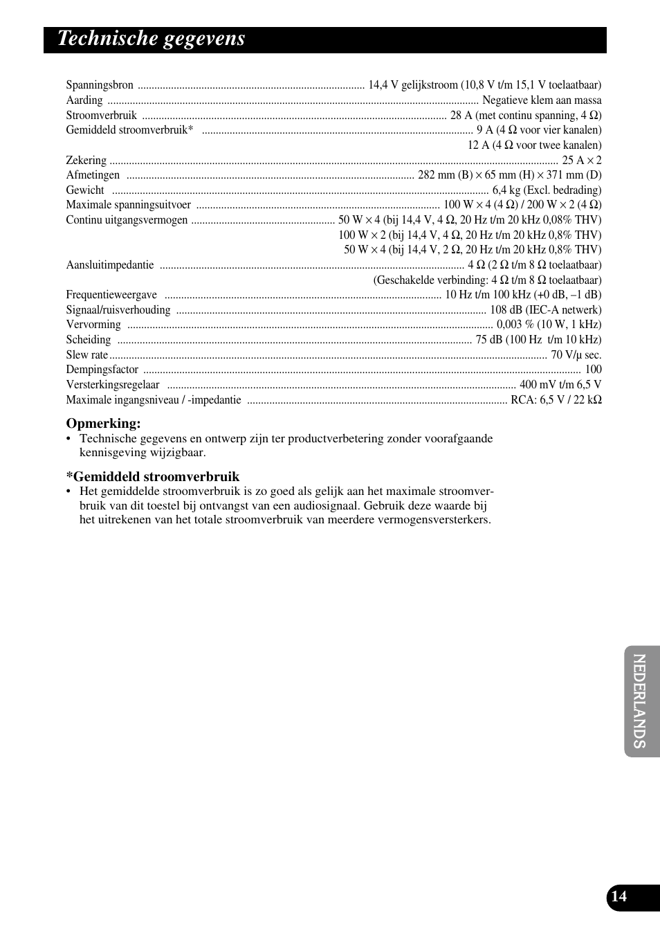 Technische gegevens | Pioneer PRS-A900 User Manual | Page 85 / 100