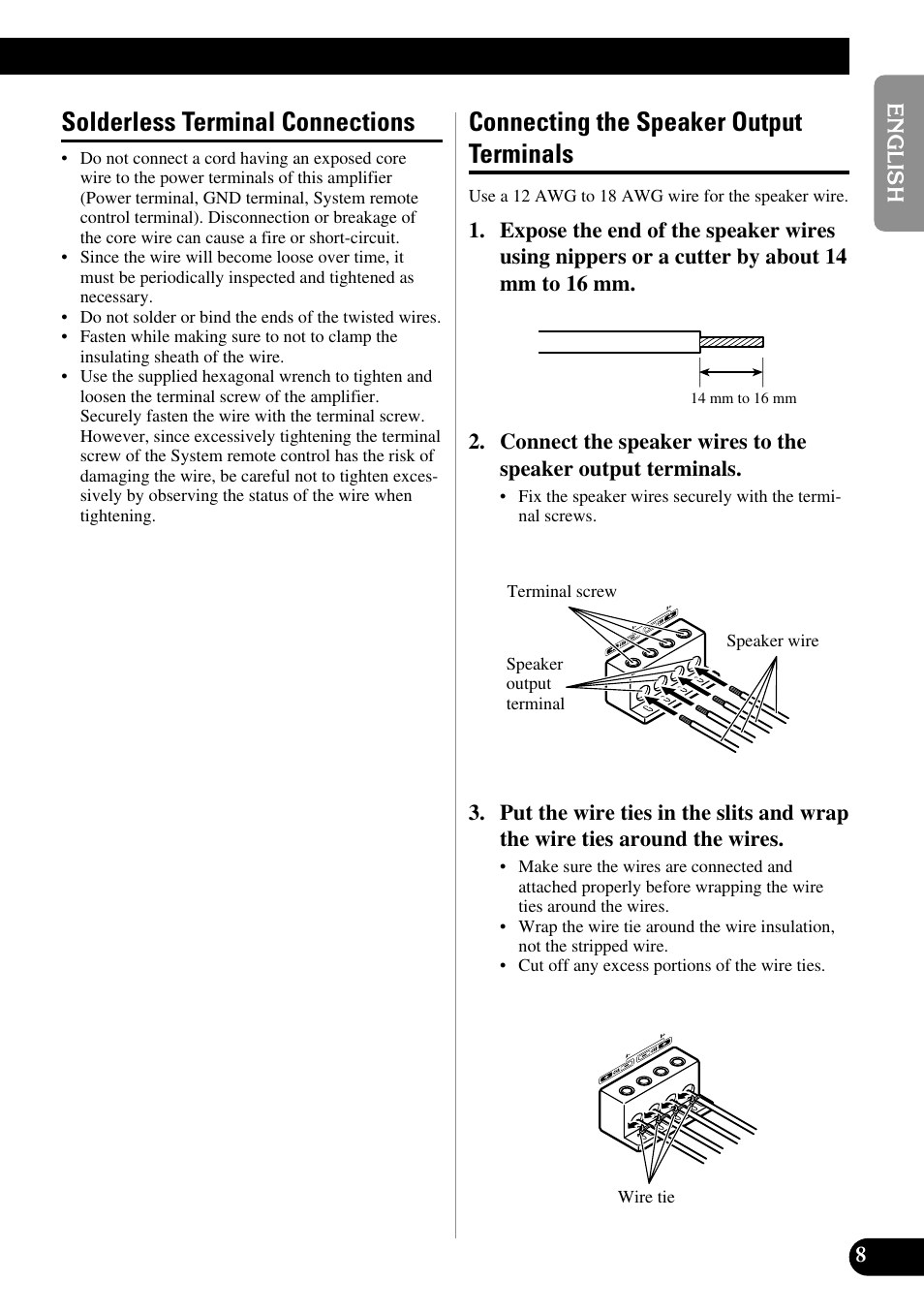 Solderless terminal connections, Connecting the speaker output terminals | Pioneer PRS-A900 User Manual | Page 9 / 100