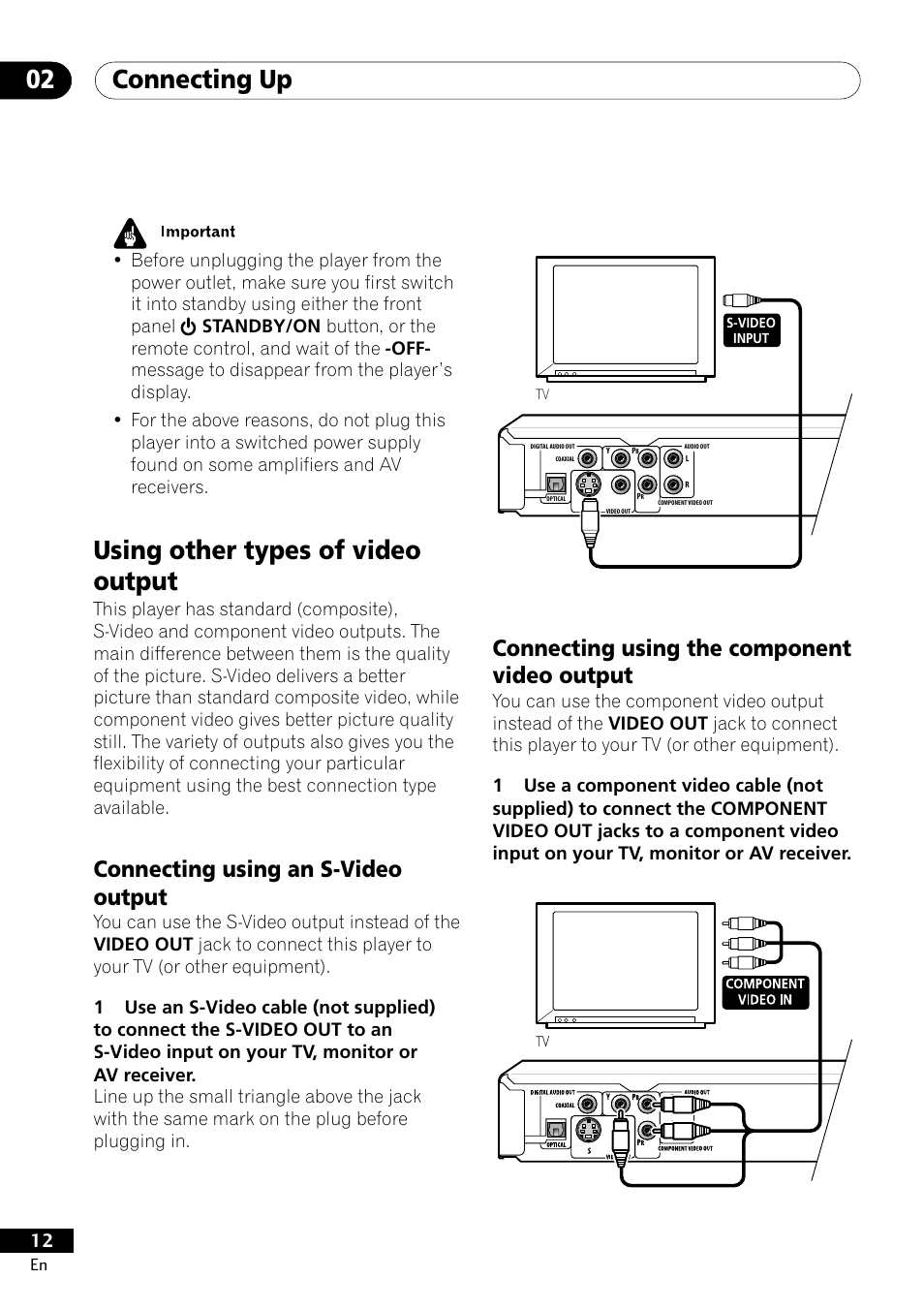 Using other types of video output, Connecting up 02, Connecting using an s-video output | Connecting using the component video output | Pioneer DV-400-S User Manual | Page 12 / 60