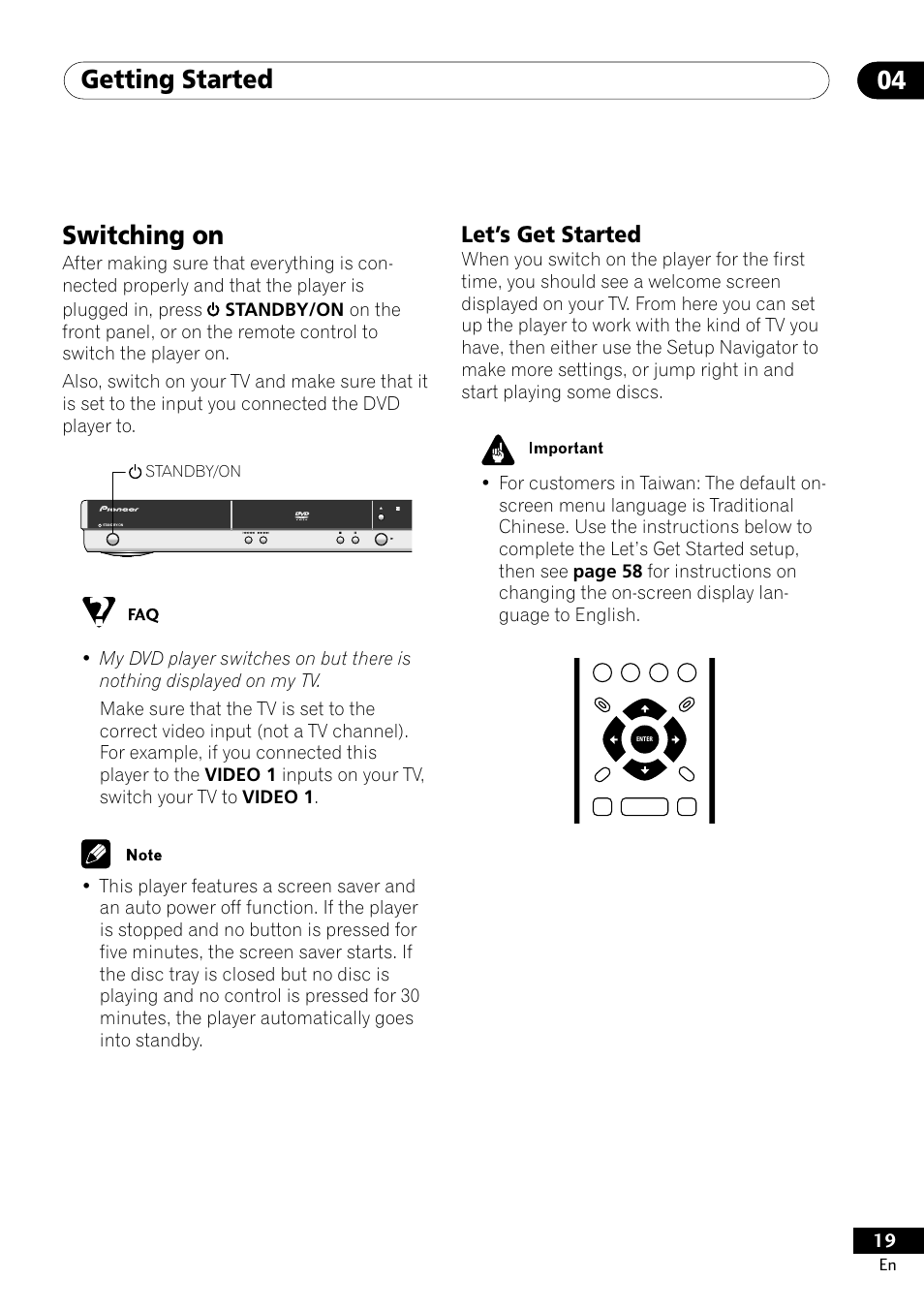 Switching on, Let’s get started, Getting started 04 | Pioneer DV-400-S User Manual | Page 19 / 60