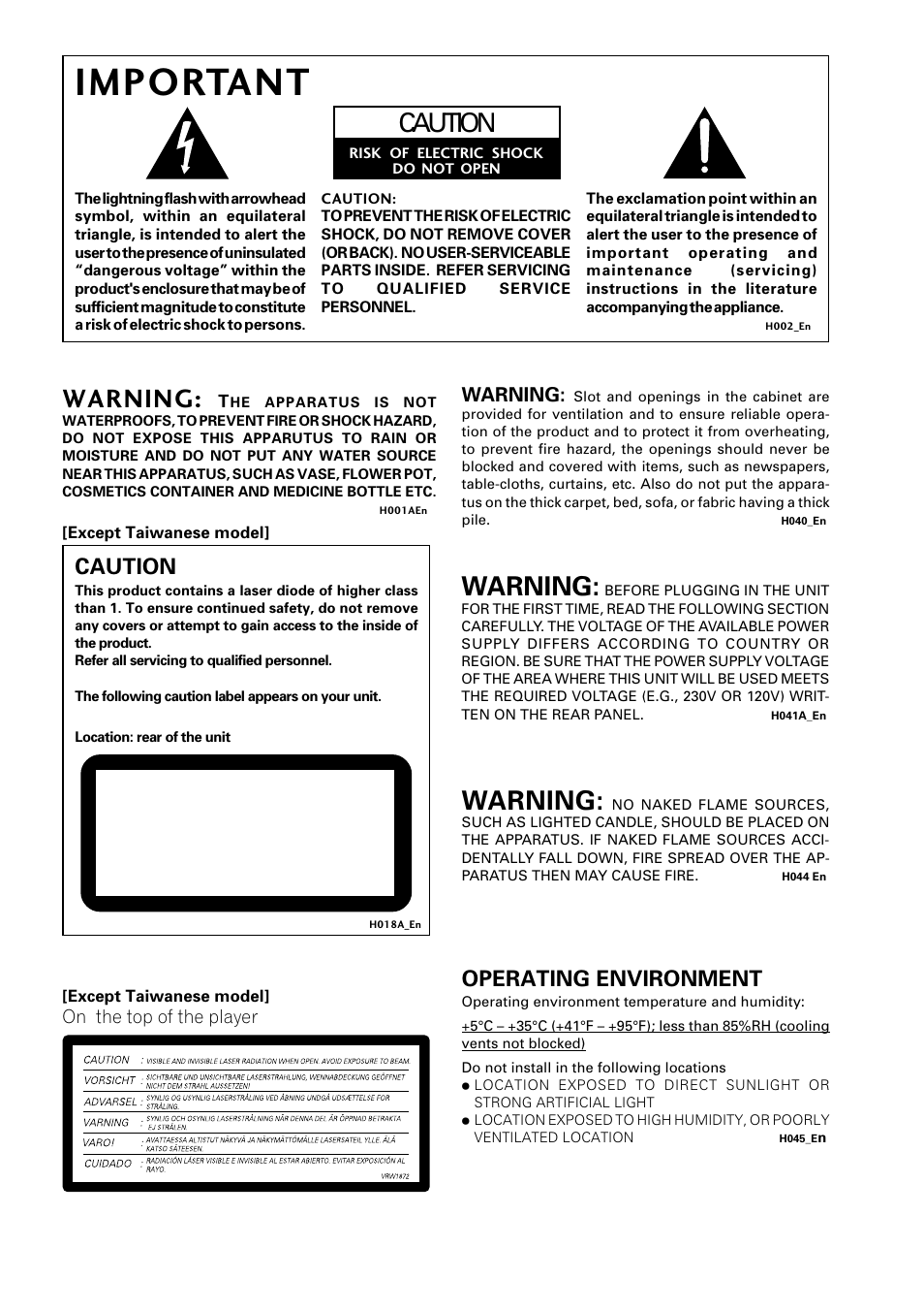 Important, Class 1 laser product, Warning | Caution, Operating environment | Pioneer DV-400-S User Manual | Page 2 / 60