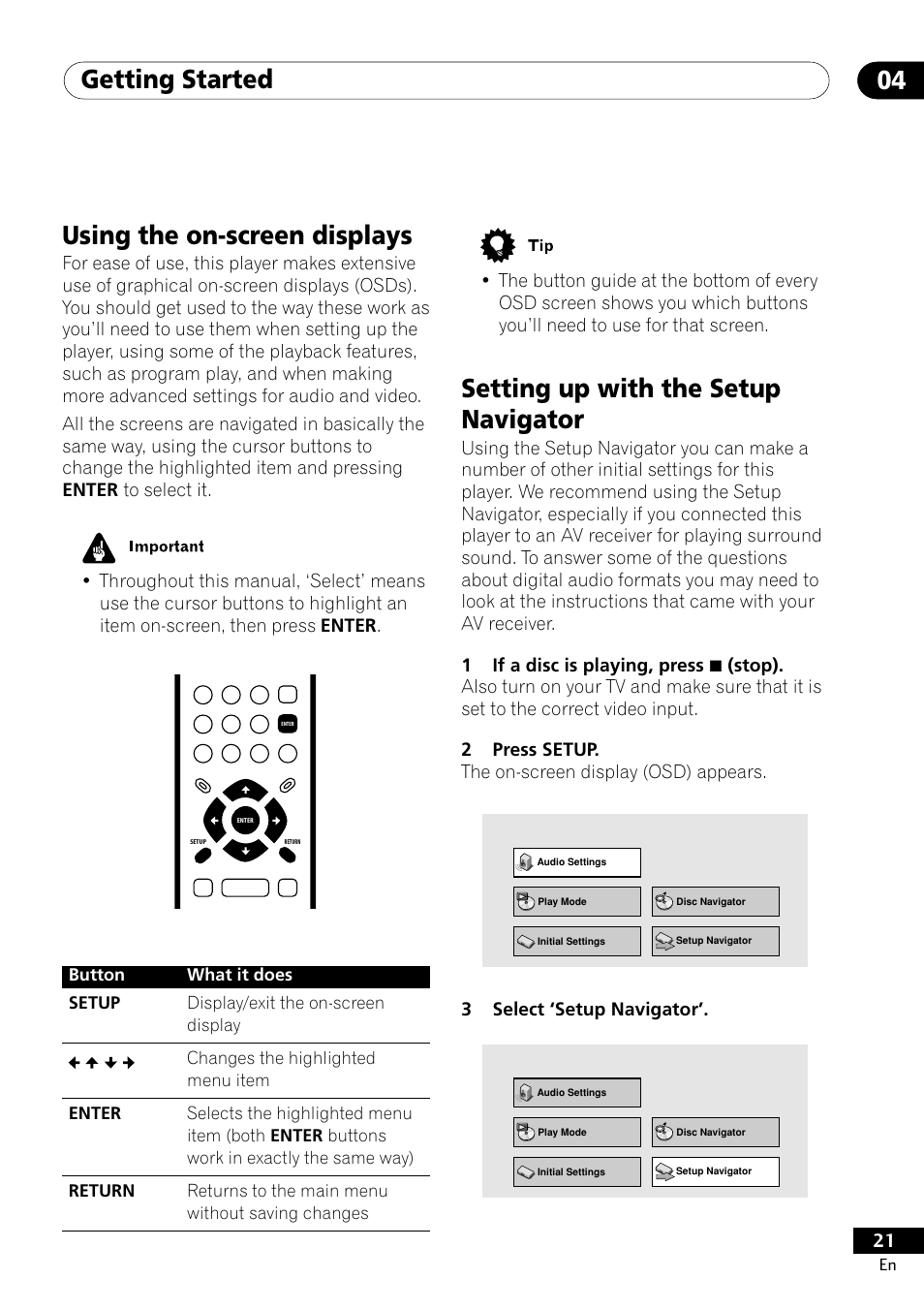Getting started 04, Using the on-screen displays, Setting up with the setup navigator | Pioneer DV-400-S User Manual | Page 21 / 60