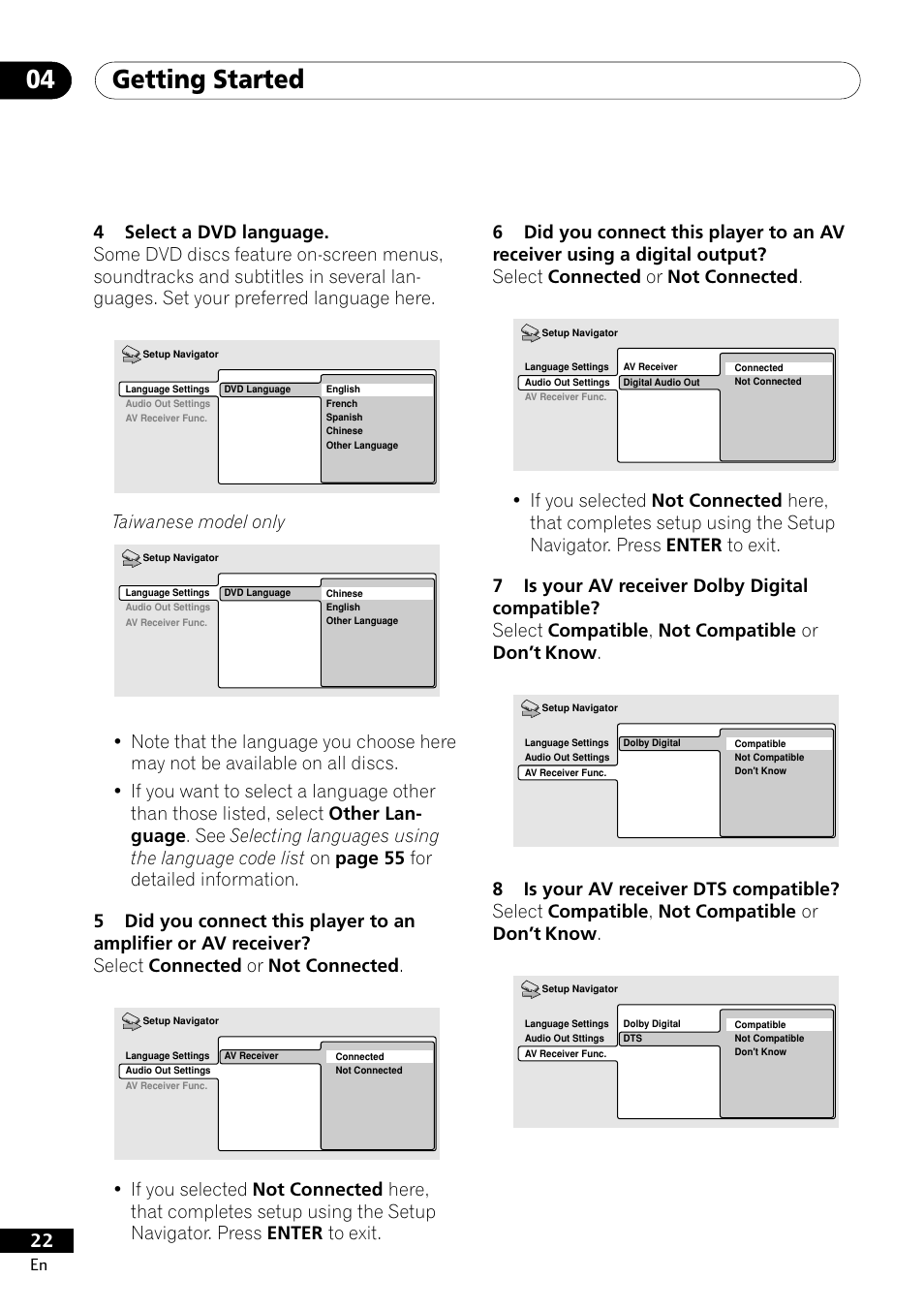 Getting started 04, Taiwanese model only | Pioneer DV-400-S User Manual | Page 22 / 60