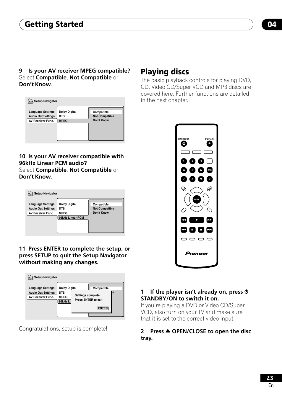 Playing discs, Getting started 04 | Pioneer DV-400-S User Manual | Page 23 / 60