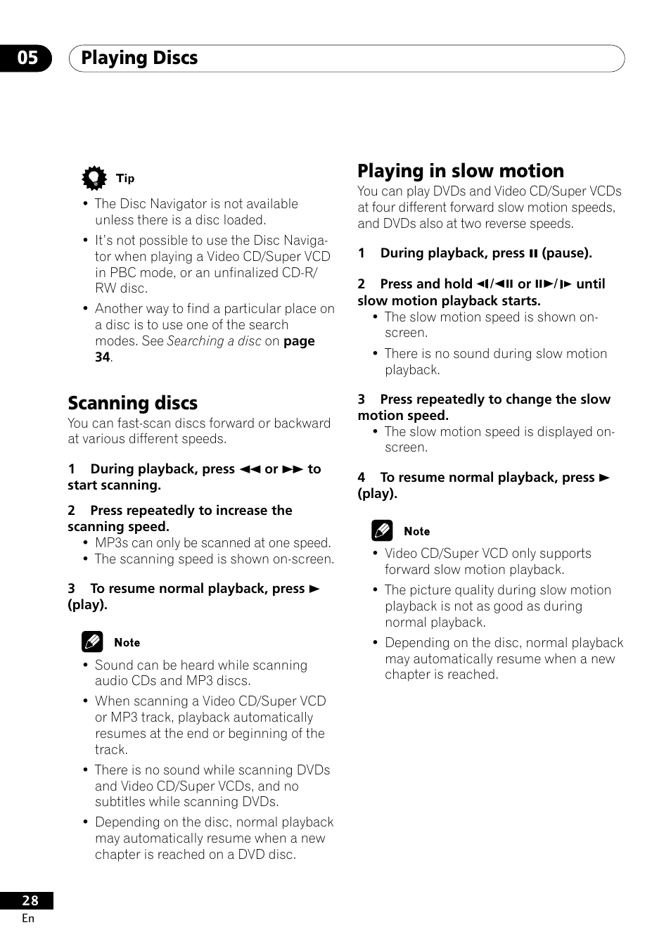 Scanning discs playing in slow motion, Playing discs 05, Playing in slow motion | Scanning discs | Pioneer DV-400-S User Manual | Page 28 / 60