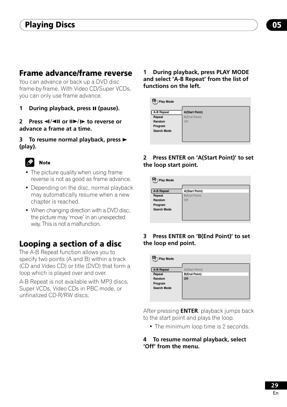 Playing discs 05, Frame advance/frame reverse | Pioneer DV-400-S User Manual | Page 29 / 60