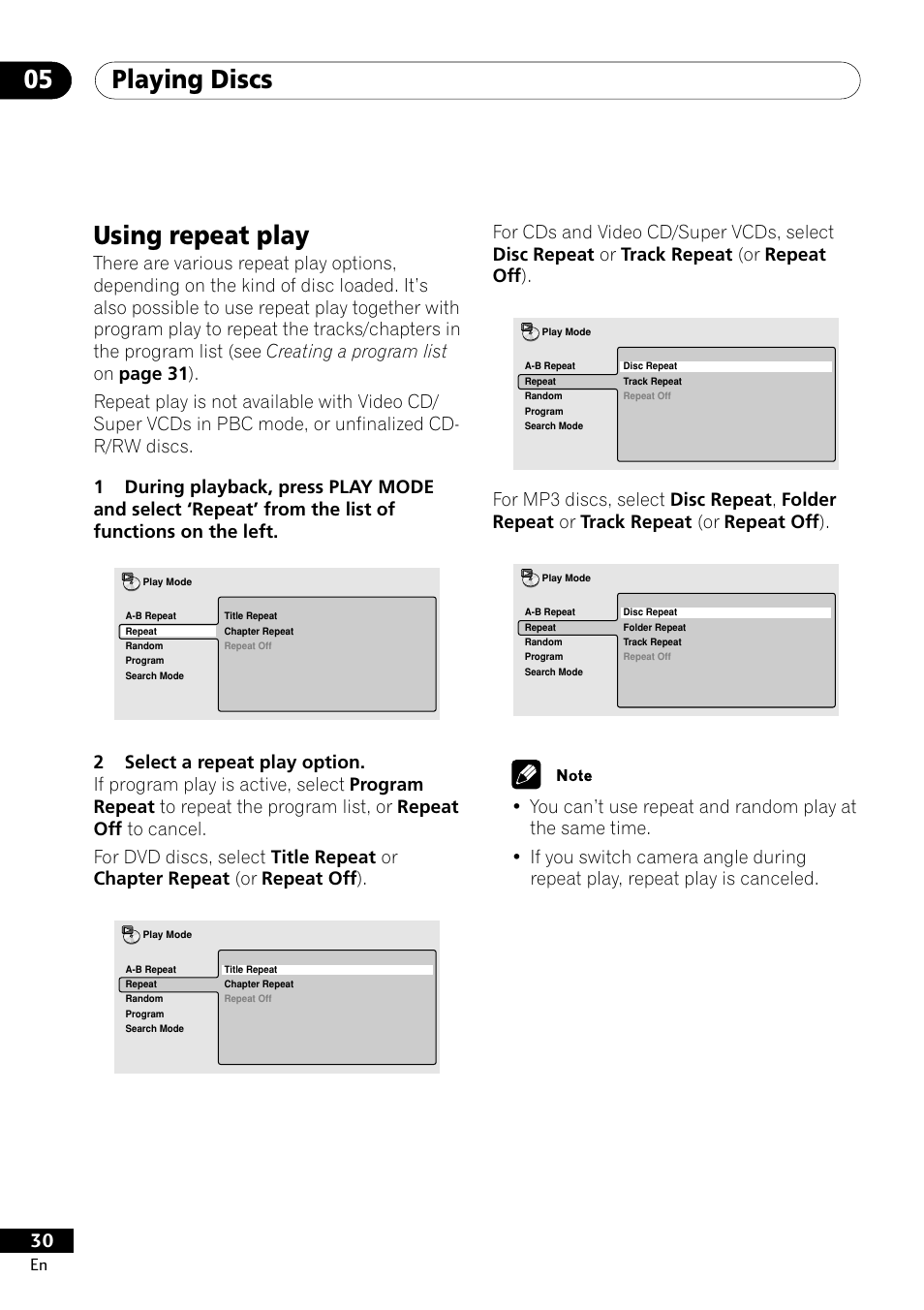 Using repeat play, Playing discs 05 | Pioneer DV-400-S User Manual | Page 30 / 60