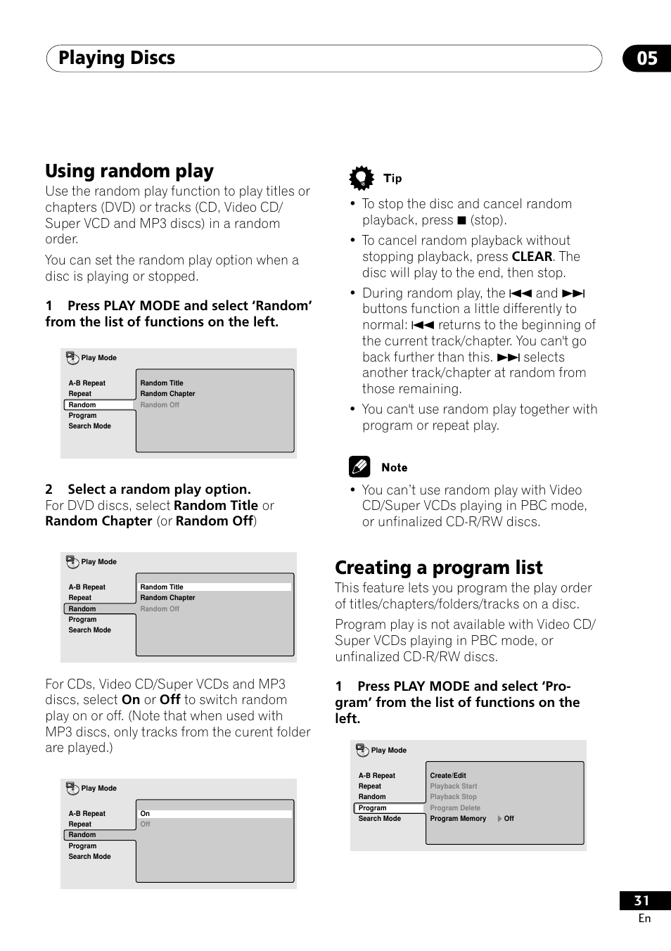 Using random play creating a program list, Playing discs 05, Using random play | Creating a program list | Pioneer DV-400-S User Manual | Page 31 / 60