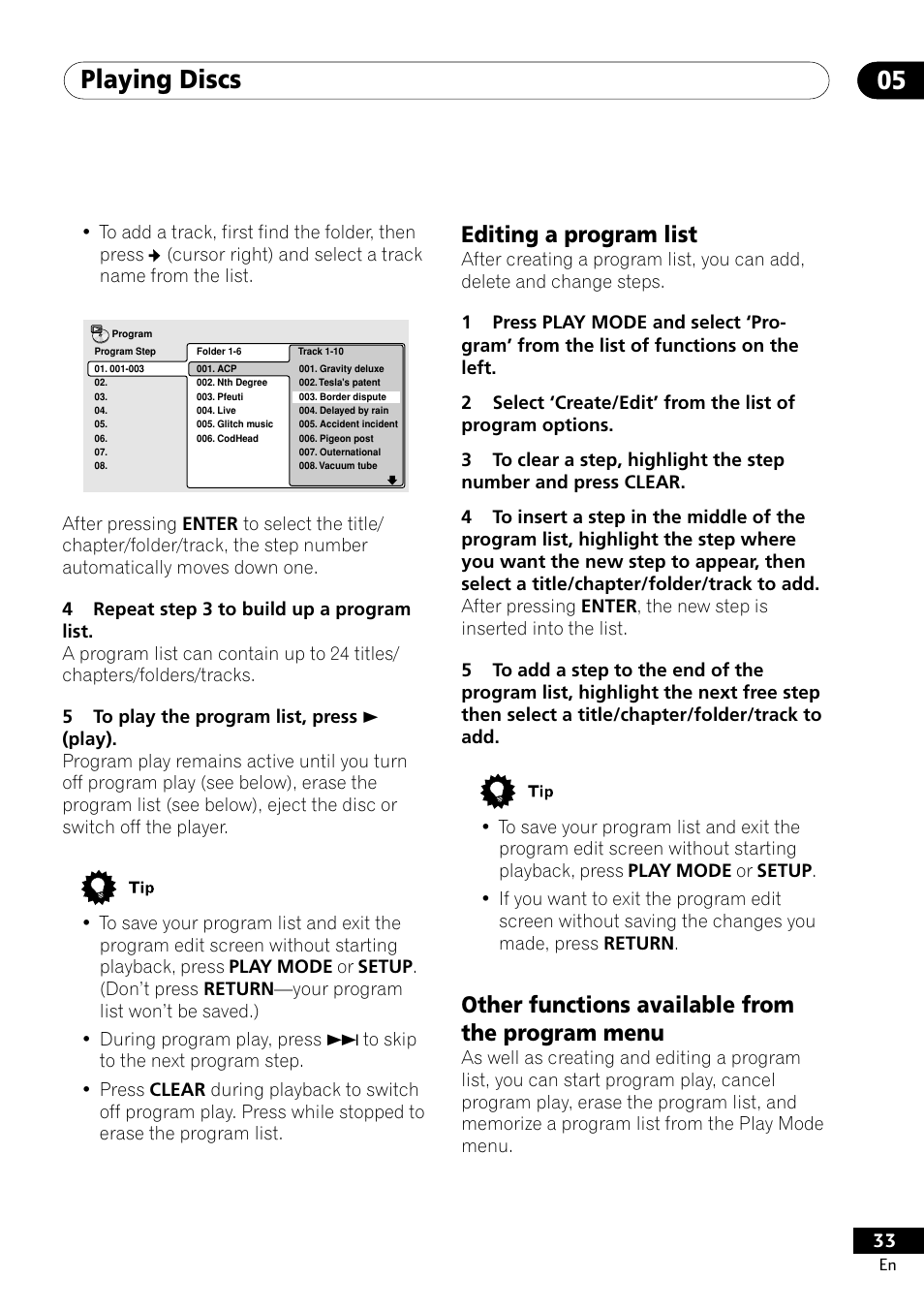 Playing discs 05, Editing a program list, Other functions available from the program menu | Pioneer DV-400-S User Manual | Page 33 / 60