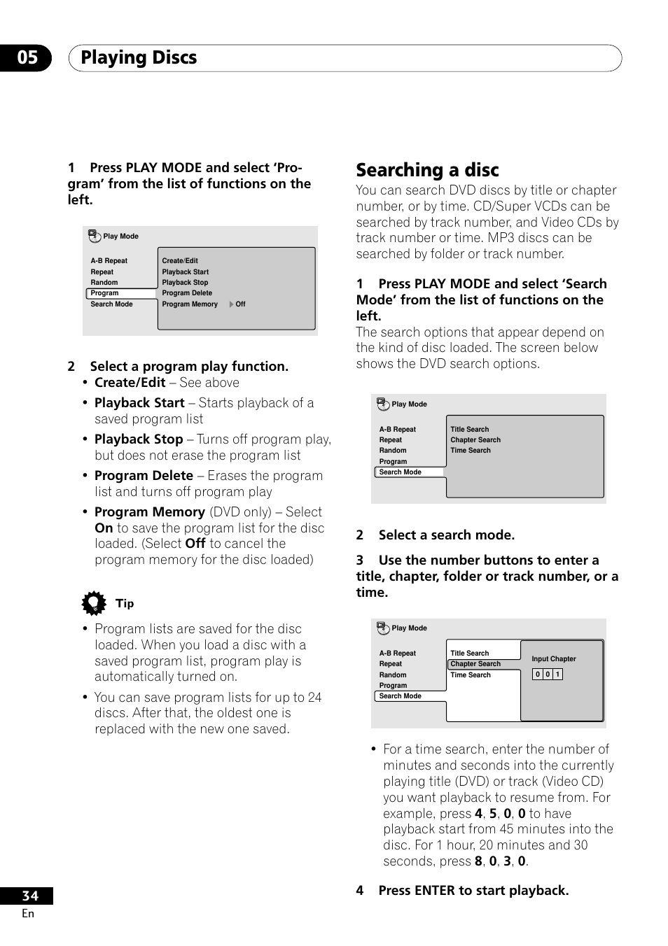 Searching a disc, Playing discs 05 | Pioneer DV-400-S User Manual | Page 34 / 60